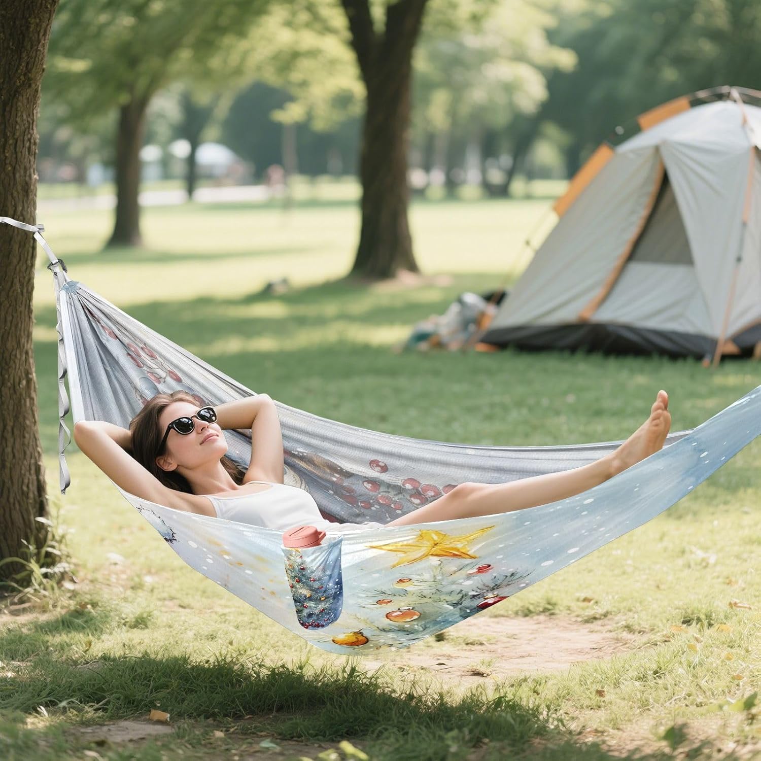 ALAZA Gnome Christmas Camping Hammocks Single or 2 Person 500 lbs Portable Parachute Travel Hammock w/Tree Straps for Hiking Backpacking Indoor Outdoor
