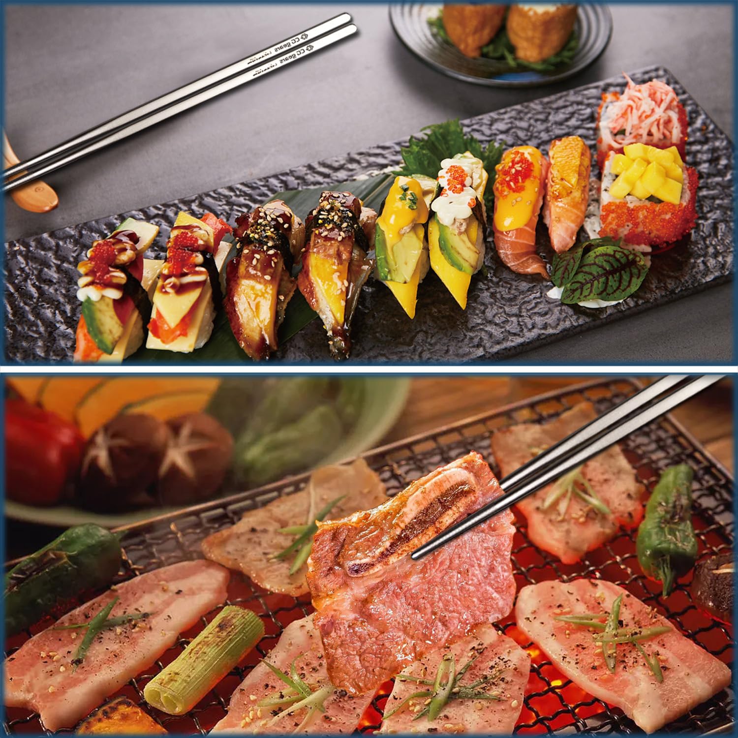 Palillos de titanio, CG Gears 2 pares de palillos con estuche de viaje de plástico para sushi, fideos, arroz, ramen y cocina japonesa. (9 pulgadas)