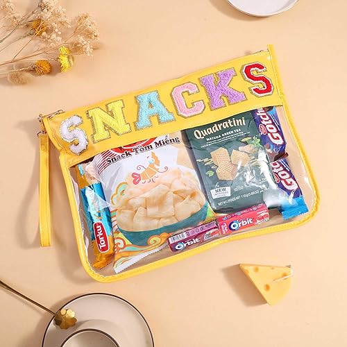 Miniatura 5 de HASIOY - Bolsa transparente con parches, bolsa para aperitivos, bolsa de felpilla con letras de chenilla, bolsa de cosméticos con correas doradas