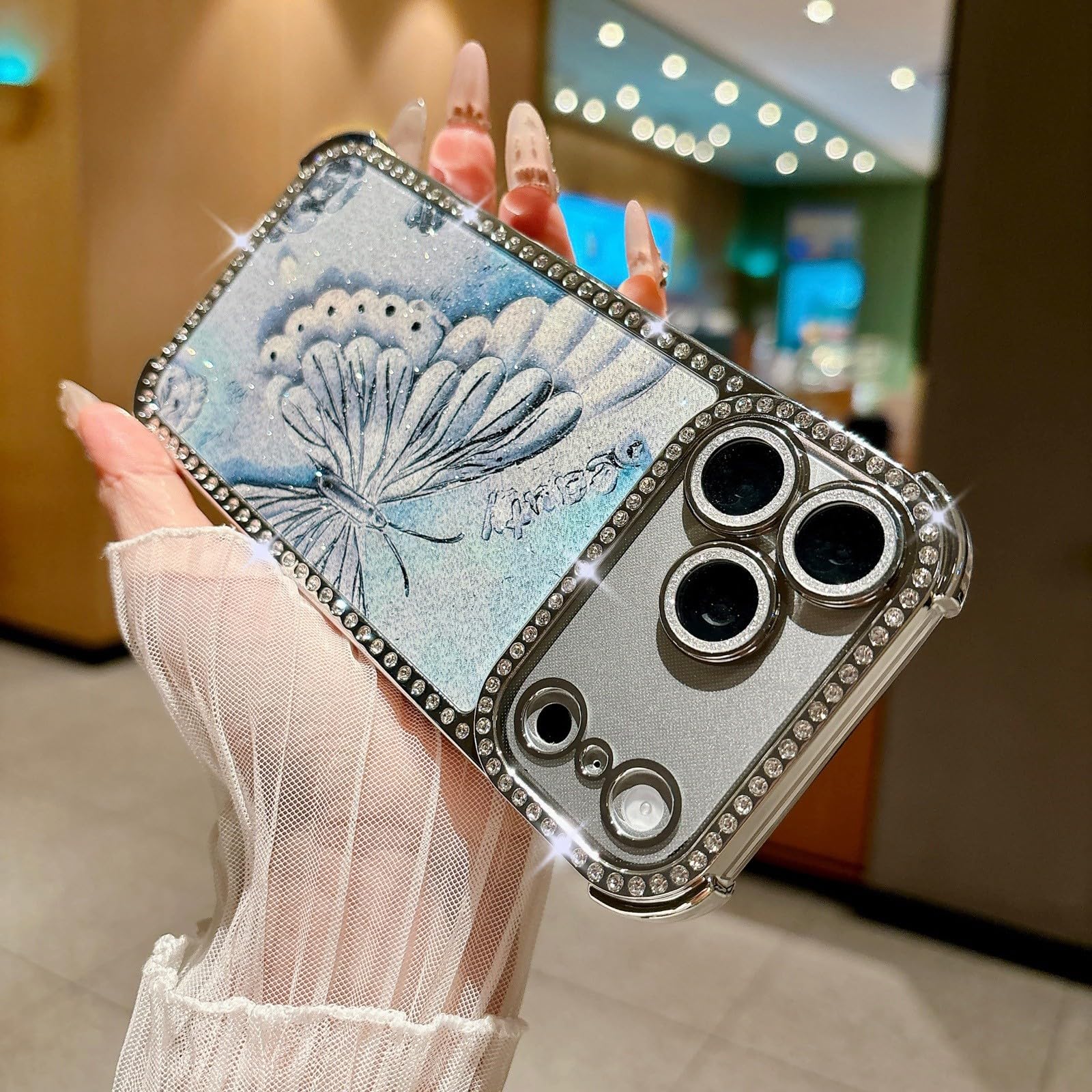 Generic Funda compatible con iPhone 14 (patrón: mariposa plateada), funda de silicona dura con purpurina para lente de cámara