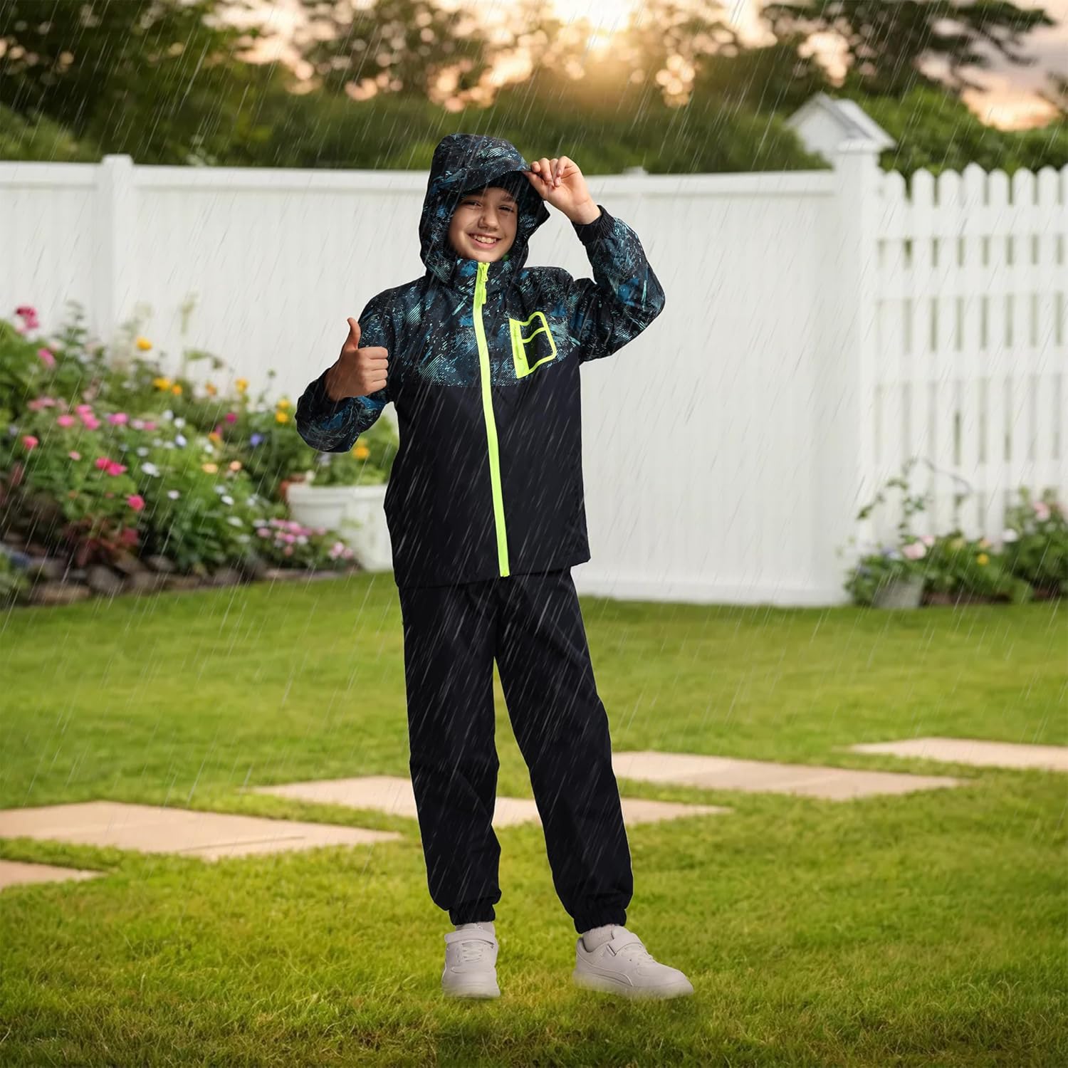 Kids Rain Suit Boys Girls Raincoat Jacket and Pants Set Lightweight Waterproof Windbreakers Rain Gear