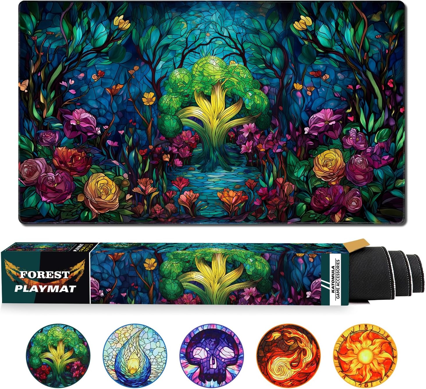 Katomula MTG Playmat, TCG Card Game Playmat, Stitched Edge, Non-Slip Rubber Bottom - 24 x 14 inch - Forest