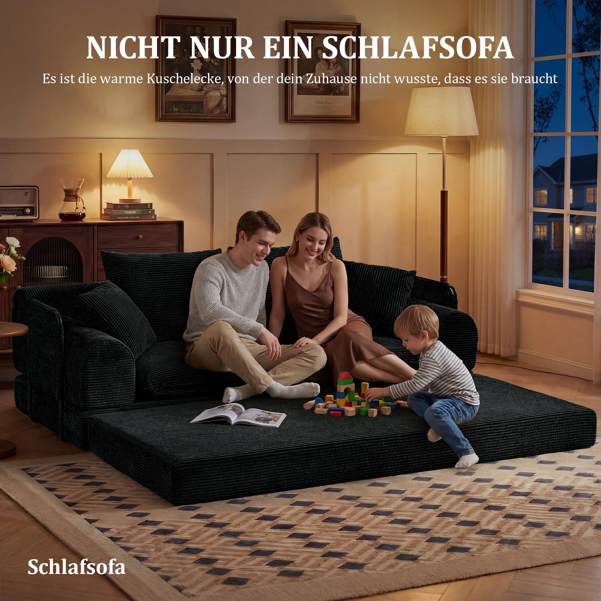 Vipbear Schlafsofa 201cm Breit, Boneless Couch mit Schlaffunktion Cord Sofa | 5-in-1 Bodensofa, 3 Sitzer Boneless Schlafcouch, Cloud Modulares Sofa Bed für Wohnzimmer Schlafzimmer Lounge Schwarz