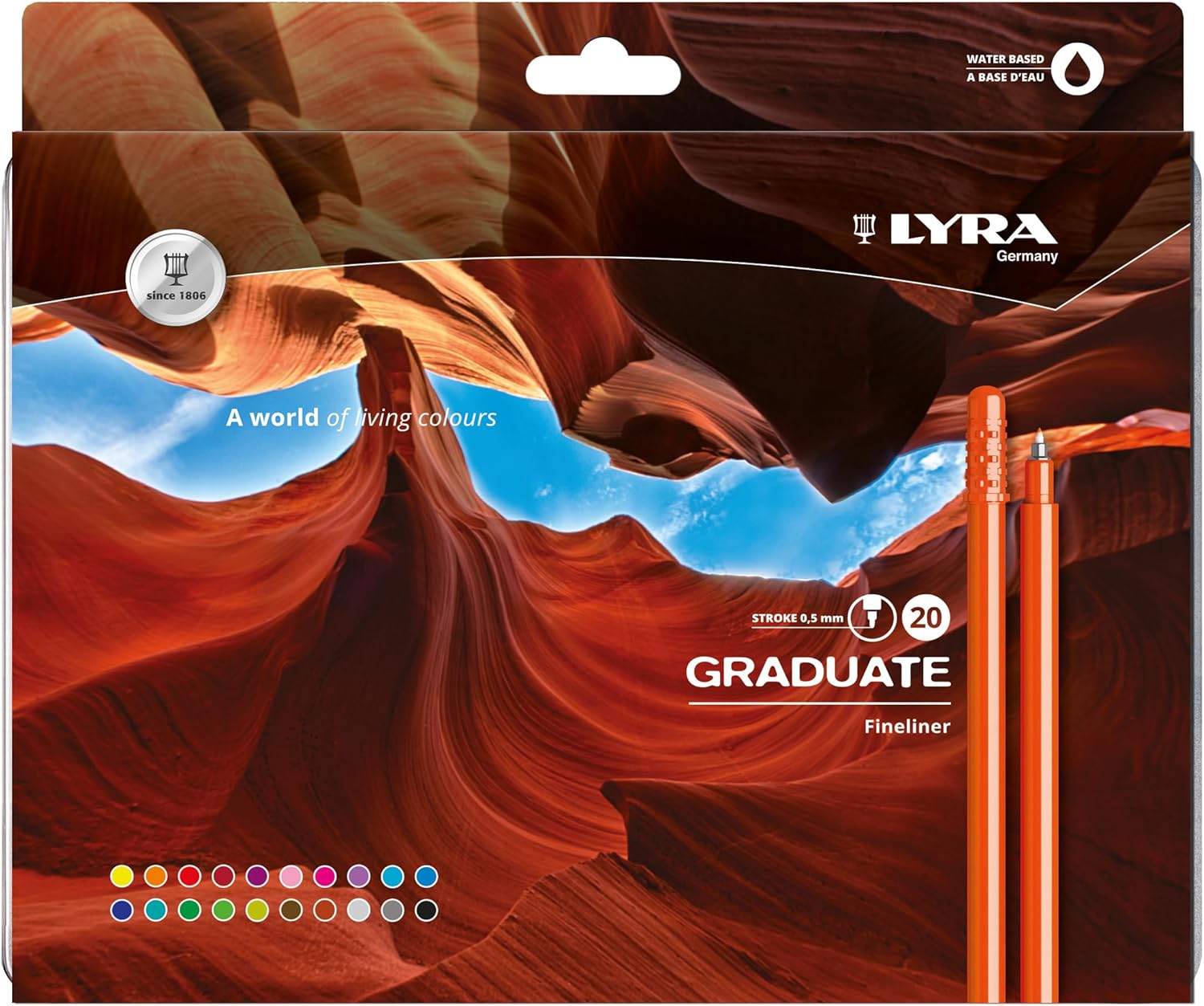 LYRA Graduate Synthetic Fine Tip Fineliner, 20 Pieces in Assorted Colours, Ideal for Students and Schools