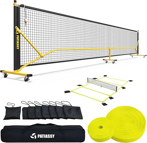 Juego de red de pickleball con ruedas y kit de marcado de cancha de pickleball de 22 pies de tamaño reglamentario portátiles con ajustador de