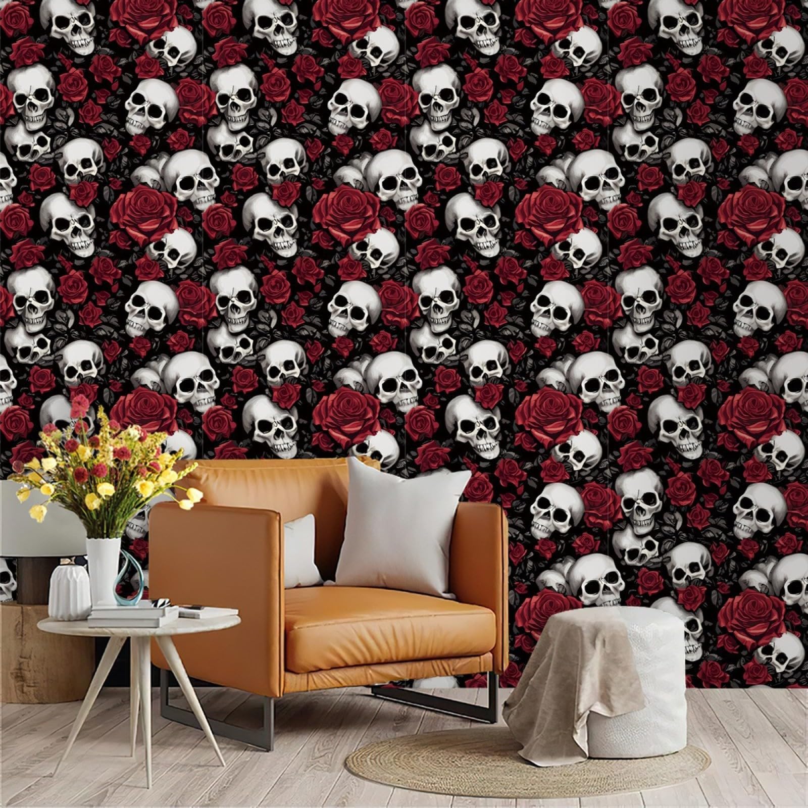 Zahhyg White Wallpaper Skull Peel And Stick Self Adhesive Wallpaper For Living Room Waterproof Vinyl, Art Deco Thicken Sticky Back Plastic Removable