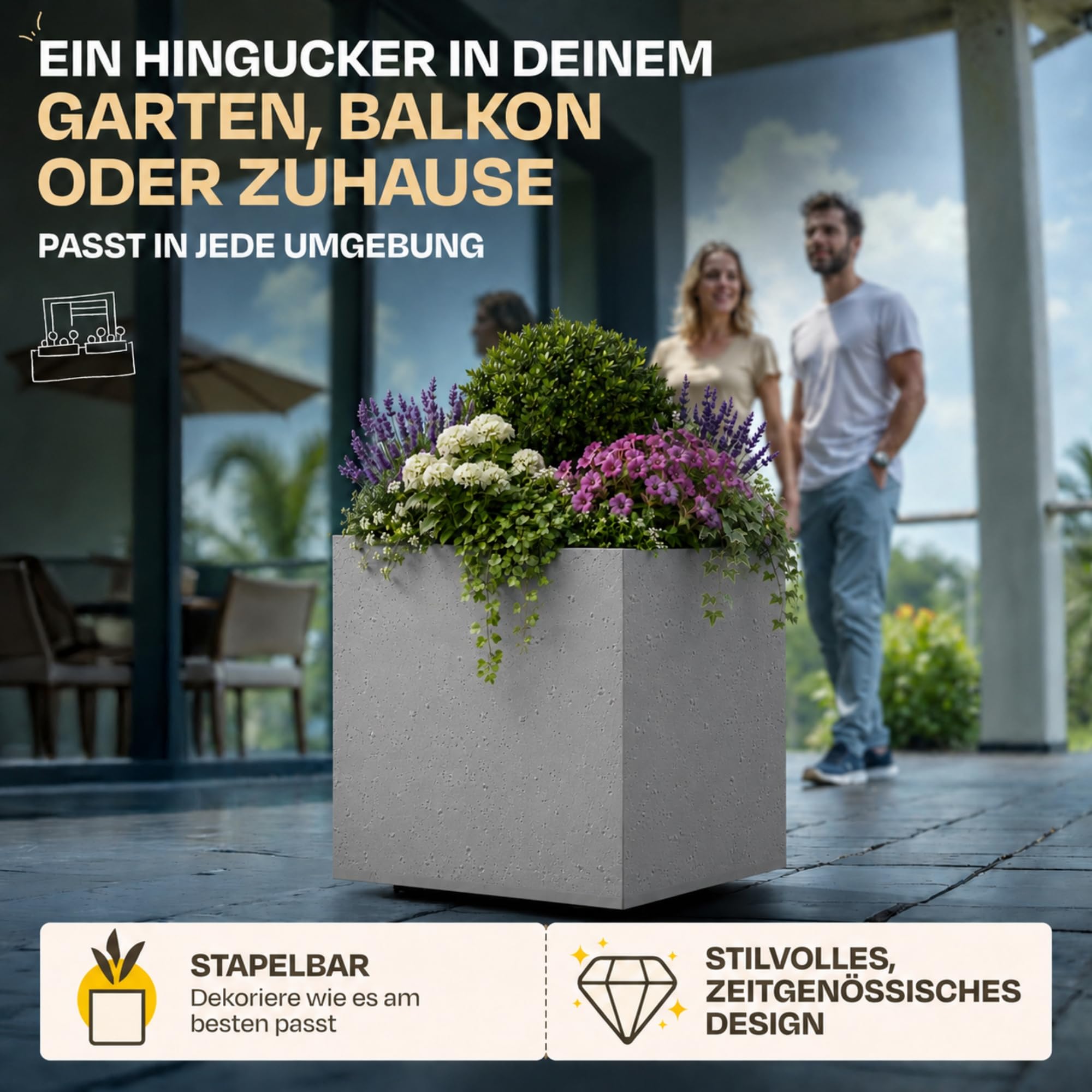Ondis24 Pflanzkübel Blumenkübel Blumentopf Vulkan 40 mit Wasserspeicher Winterfest (Grau Basalt)