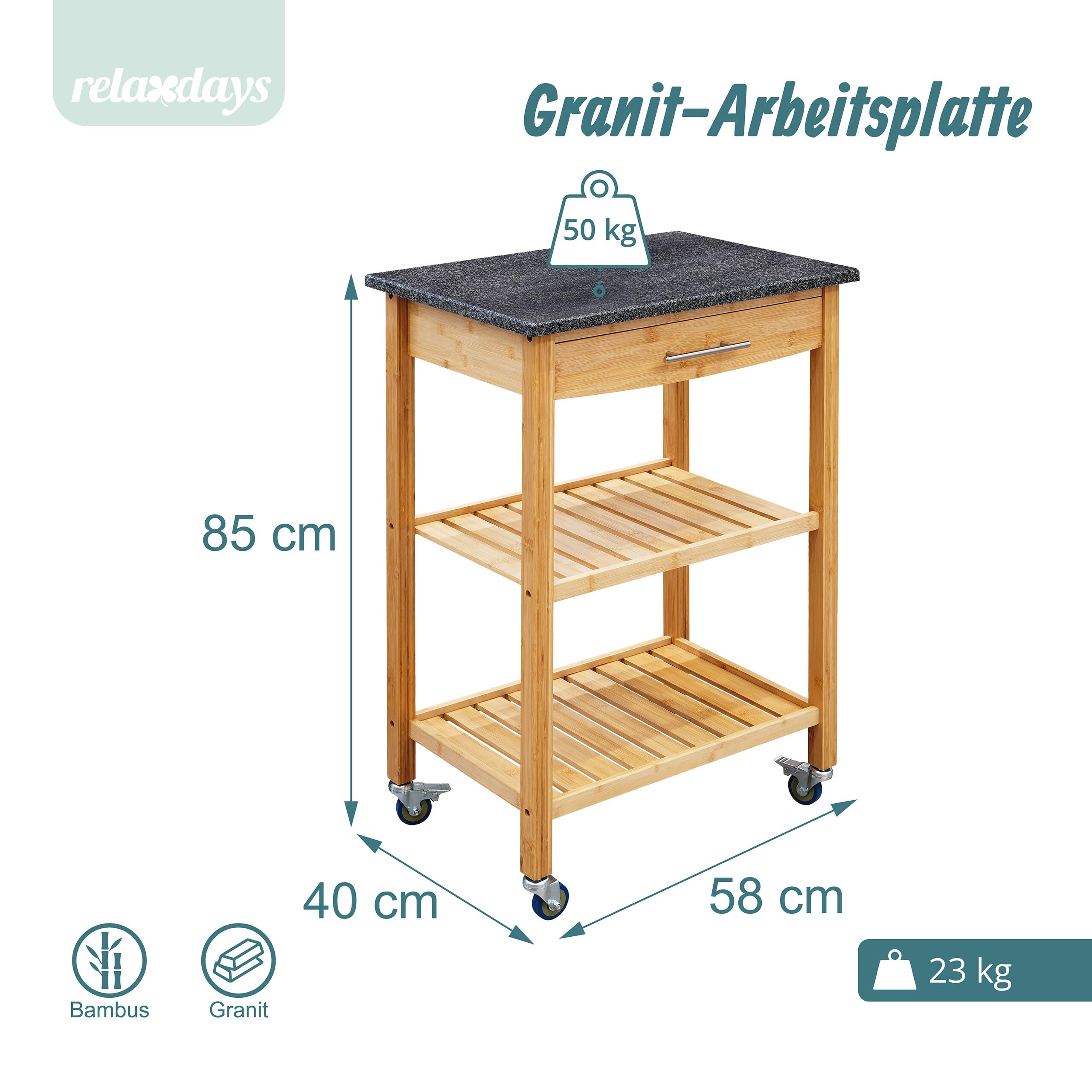 Relaxdays Küchenwagen, Granitplatte, Schublade, 2 Ebenen, Natur/anthrazit | HxBxT: 85 x 58 x 40 cm Bambus, Servierwagen