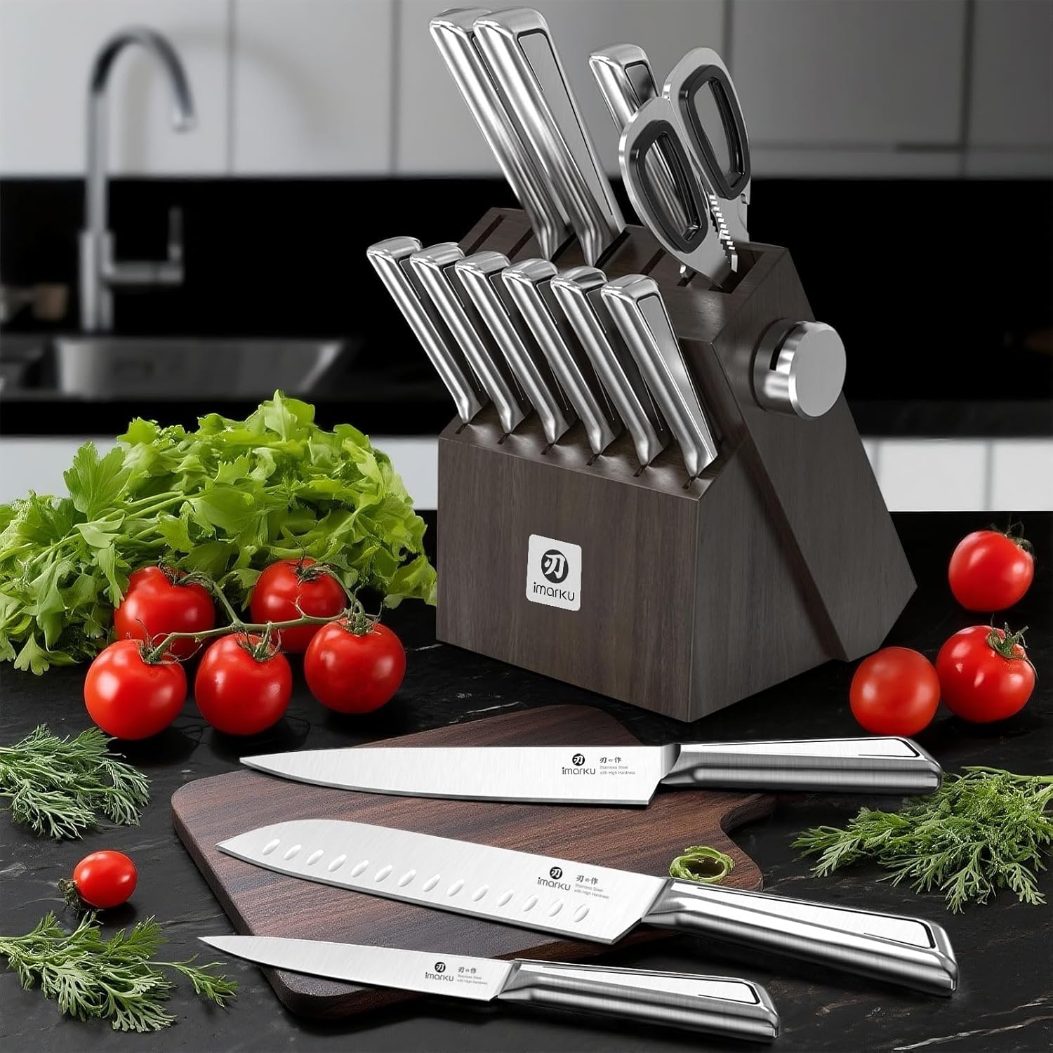 imarku Kitchen Knife Set with Block and Built-in Sharpener, Japanese Stainless Steel 14-Piece Knife Set with Utility Knife, Dishwasher Safe, Non-Slip Ergonomic Handles, Essential Gift for Home Cooks - Image 8