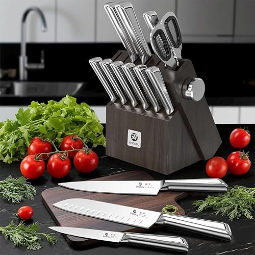 Miniatura 8 de imarku Juego de cuchillos de cocina con bloque y afilador incorporado, juego de 14 piezas de cuchillos de acero inoxidable japonés con cuchillo