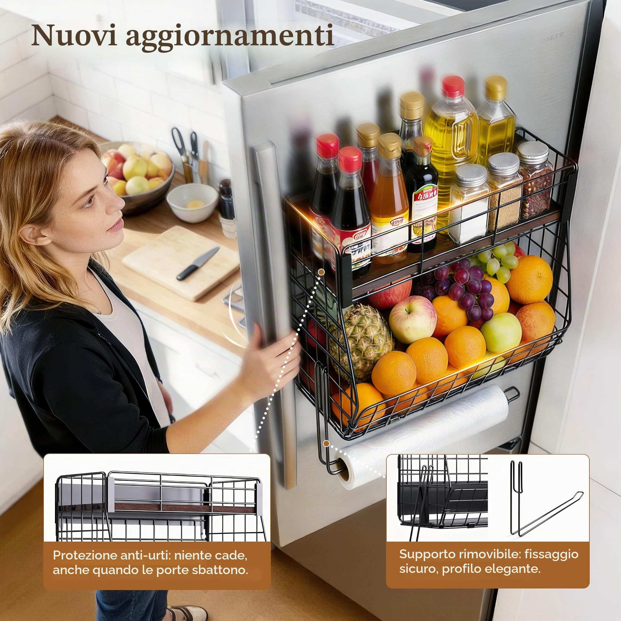 Mensola magnetica per frigorifero con porta carta, bidoni per frutta, patate e cipolle, organizer per dispensa e stoccaggio, grande contenitore magnetico portaspezie per frigorifero, bancone