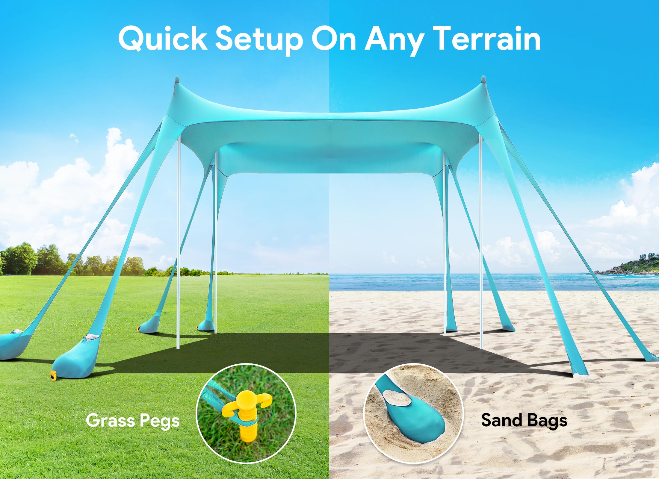 Osoeri Tenda da spiaggia, 3 x 3 m, parasole per campeggio, spiaggia, UPF50+, con 8 sacchi di sabbia, pala per sabbia, picchetti e pali di stabilità, ombra esterna per campeggio, pesca, divertimento in