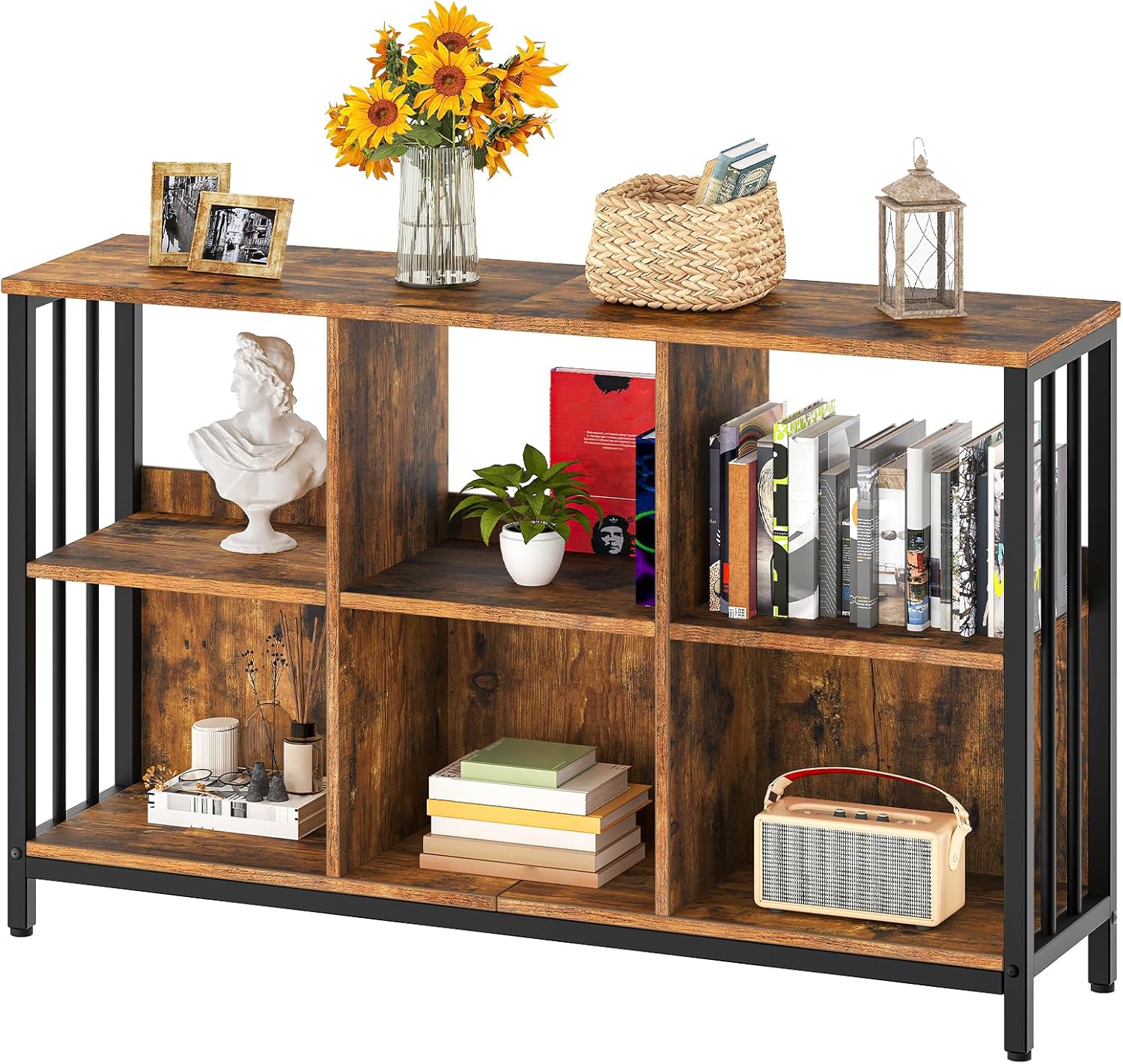 HOOBRO 6 Cube Bookcase, Industrial Horizontal Bookshelf, Wooden and Metal Cubby Bookcase, Long Shelving Unit for Living Room, Bedroom, Home Office, Rustic Brown and Black BF117SJ01