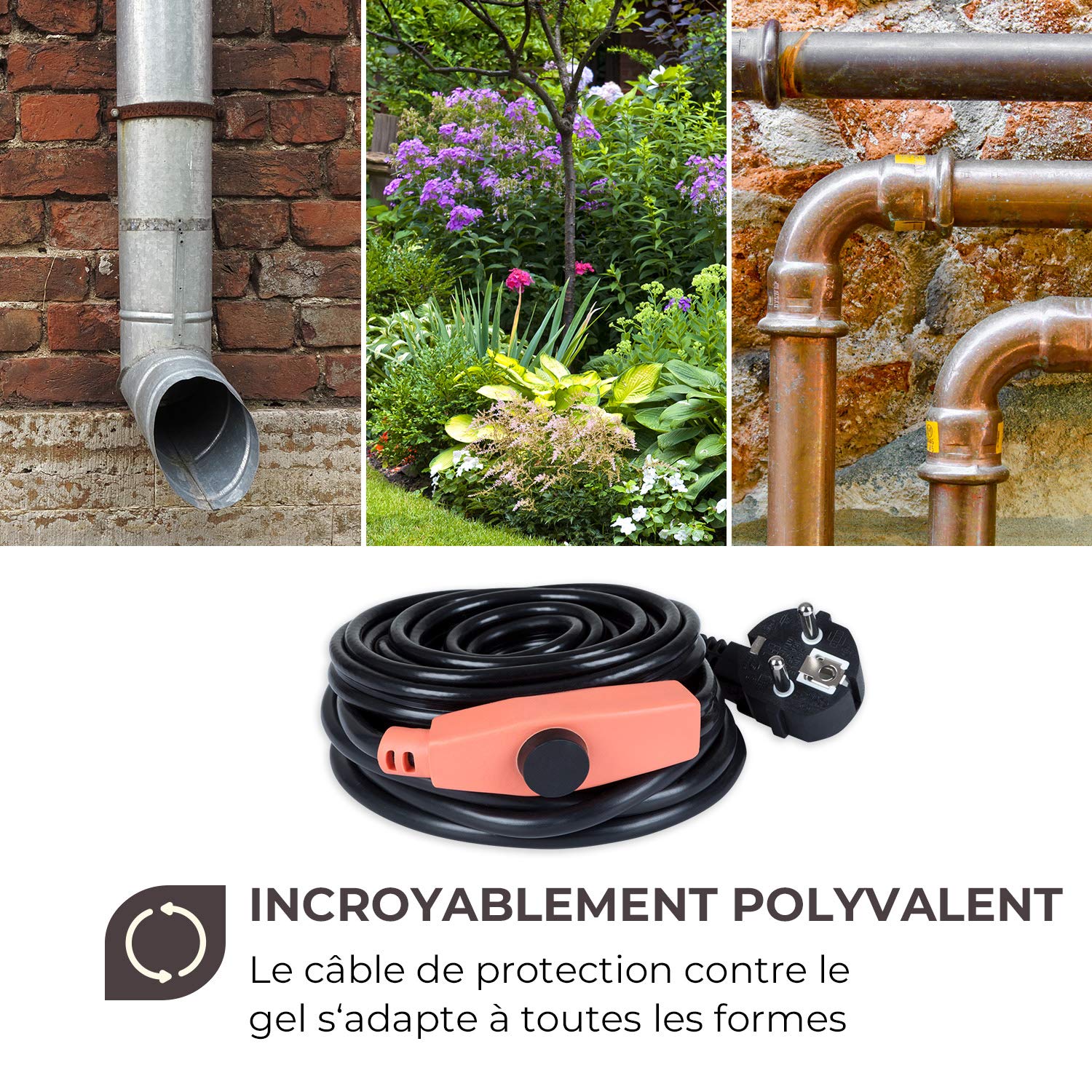 Waldbeck Flow Wire 4 - câble de protection antigel, 4m, s'allume au-dessous de 6 ° C et s'éteint au-delà de 13° C, fil de cuivre, protection IP68 pour une utilisation en extérieur, noir