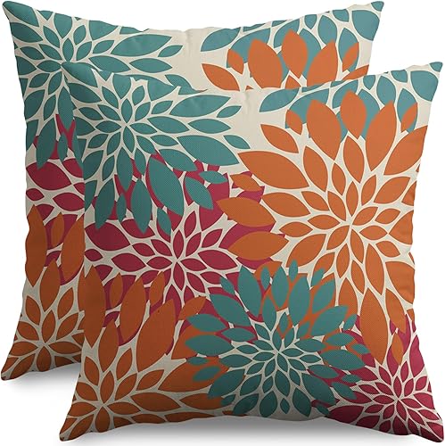 Smozenith Juego de 2 fundas de almohada de 18 x 18 pulgadas de color azul, naranja, rojo burdeos, fundas decorativas para cojín decorativo de dalia
