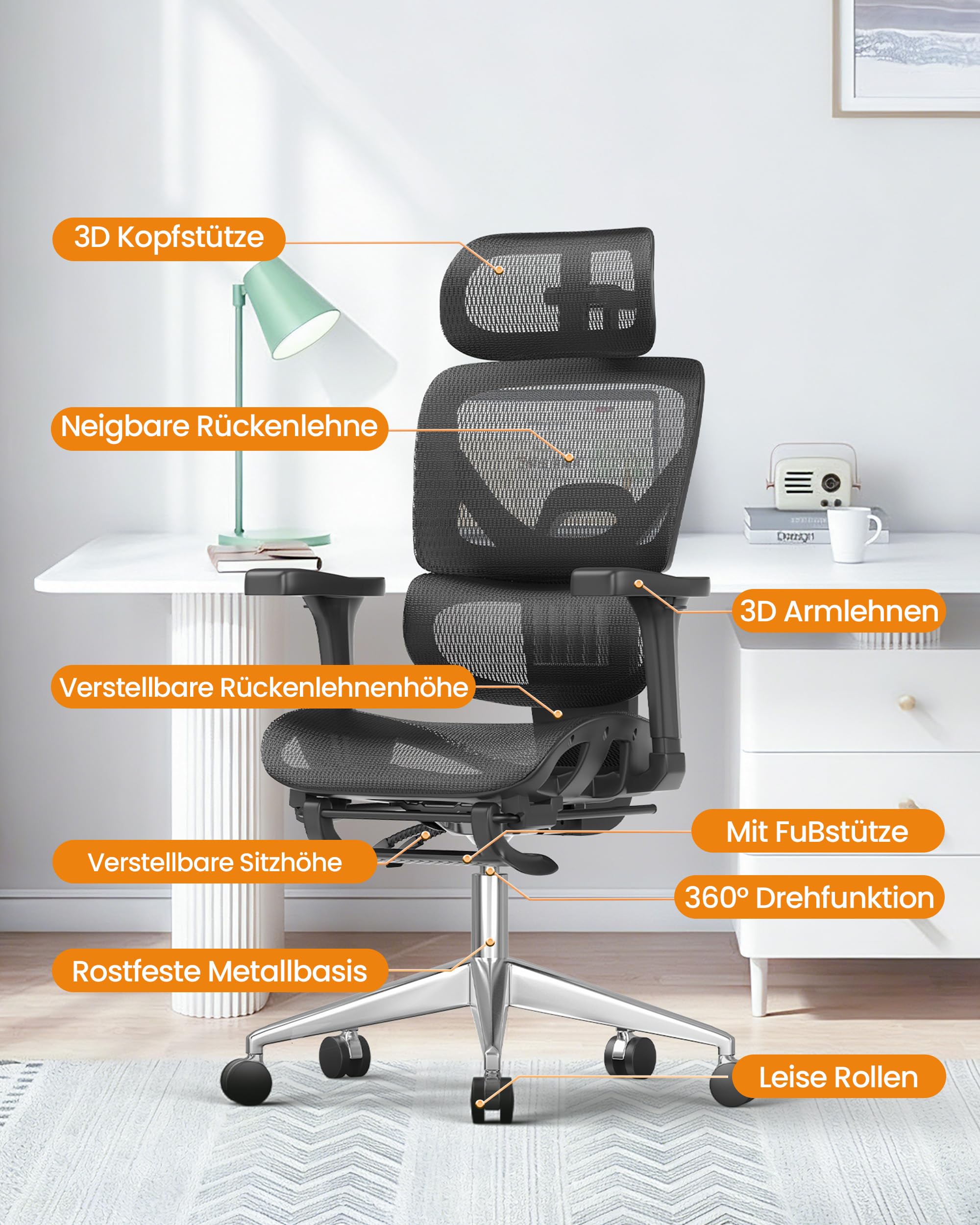naspaluro Bürostuhl Ergonomisch, Schreibtischstuhl mit hoher Rückenlehne aus Netzgewebe, Belastbarkeit 160 kg, 3D-Armlehnen, Kopfstütze, Fußstütze, Office Chair für Home, Arbeit und Gaming