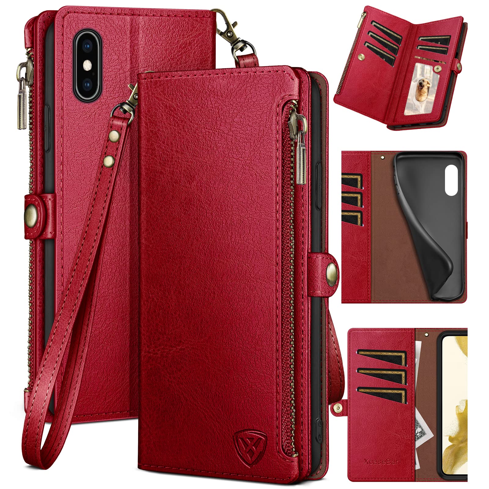 XcaseBar for iPhone X/XS Wallet case with Zipper Credit Card Holder?RFID Blocking?, Flip Folio Book PU Leather Phone case Shockproof Cover Women Men for iPhone X/XS case Red