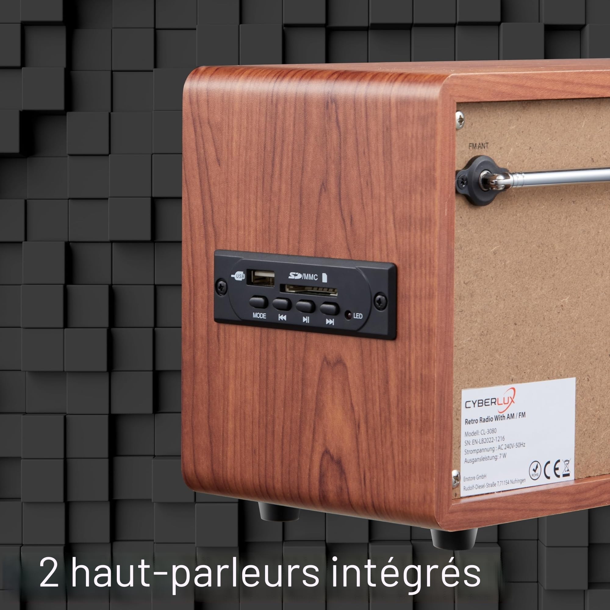 Cyberlux - Radio rétro en bois avec Bluetooth, USB, FM/AM - Chaîne musicale style rétro - Radio de cuisine - Marron