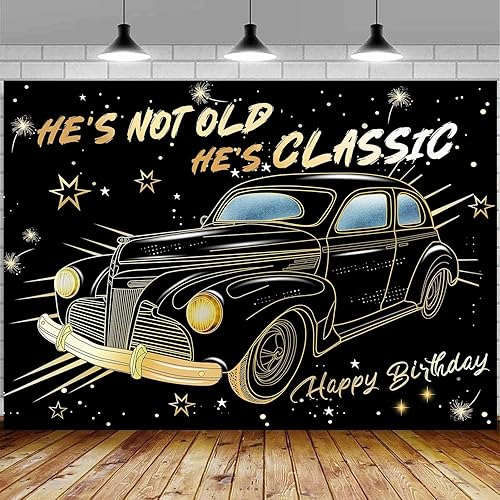 Sensfun Telón de fondo vintage de cumpleaños de coche de 7 x 5 pies para hombres, decoraciones clásicas de fiesta de los años 50, automóvil retro de