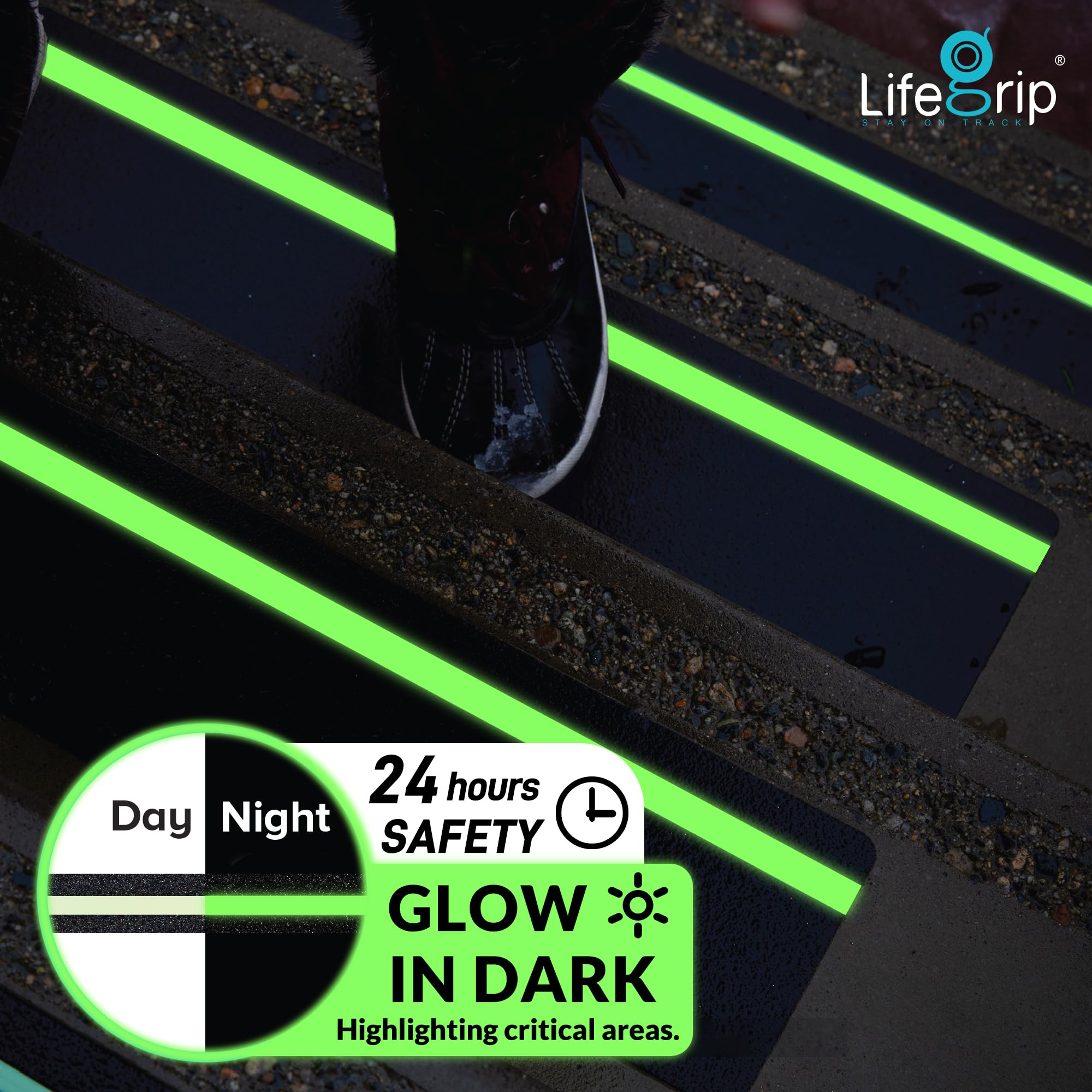 LifeGrip - Peldaños de tracción Antideslizantes con Rayas Que Brillan en la Oscuridad (Paquete de 10), 6 x 32 Pulgadas, Cinta de Mejor Agarre Antideslizante, Cinta Antideslizante para Exteriores