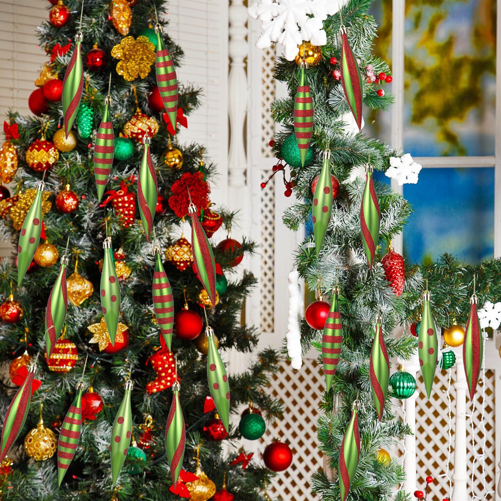 Sumind 24 Piezas Adornos de Gota Navideña Bolas para Árbol de Navidad, 16 x 3 cm, Colgantes de Plástico Brillantes de Menta para Decorar el Árbol de Navidad(Lindo,Rojo, Verde, Brillante)