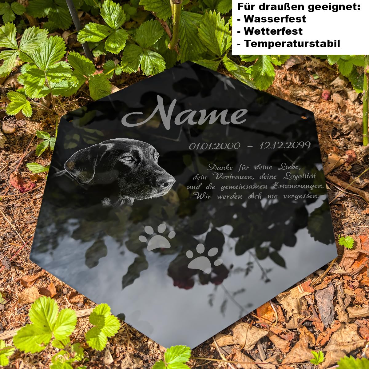 Personalisierter Sechseck Grabstein mit Foto Gravur - Acrylglas Schwarz Hochglanz 350 x 400 mm - wetterfest und wasserfest für Draußen und Innen, für Hund, Katze und alle Haustiere