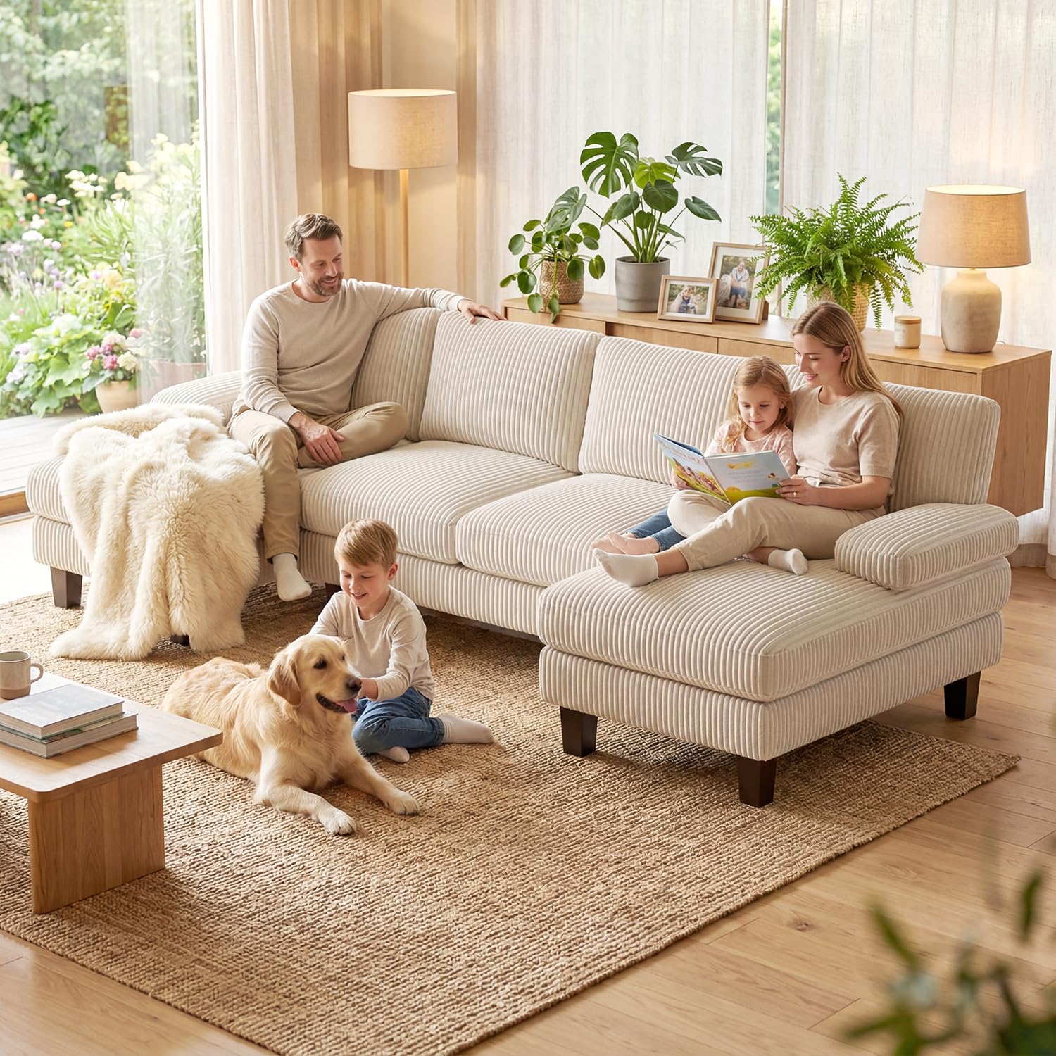 Xbro Divano Angolare a U 4 Posti con Doppia Chaise Longue, Divano Grande Moderno da Soggiorno e Salotto in Velluto a Coste, Struttura in Legno e Metallo 271x122x86 cm, Beige