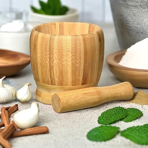 Miniatura 2 de Uniware® Mortero y mortero de bambú hecho a mano de alta calidad, mediano, natural