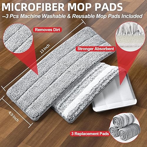 Miniatura 6 de HiBaby Trapeador y cubo con juego de escurridor, trapeadores para limpieza de pisos, juego de mopa de piso plano y cubo con 6 almohadillas de