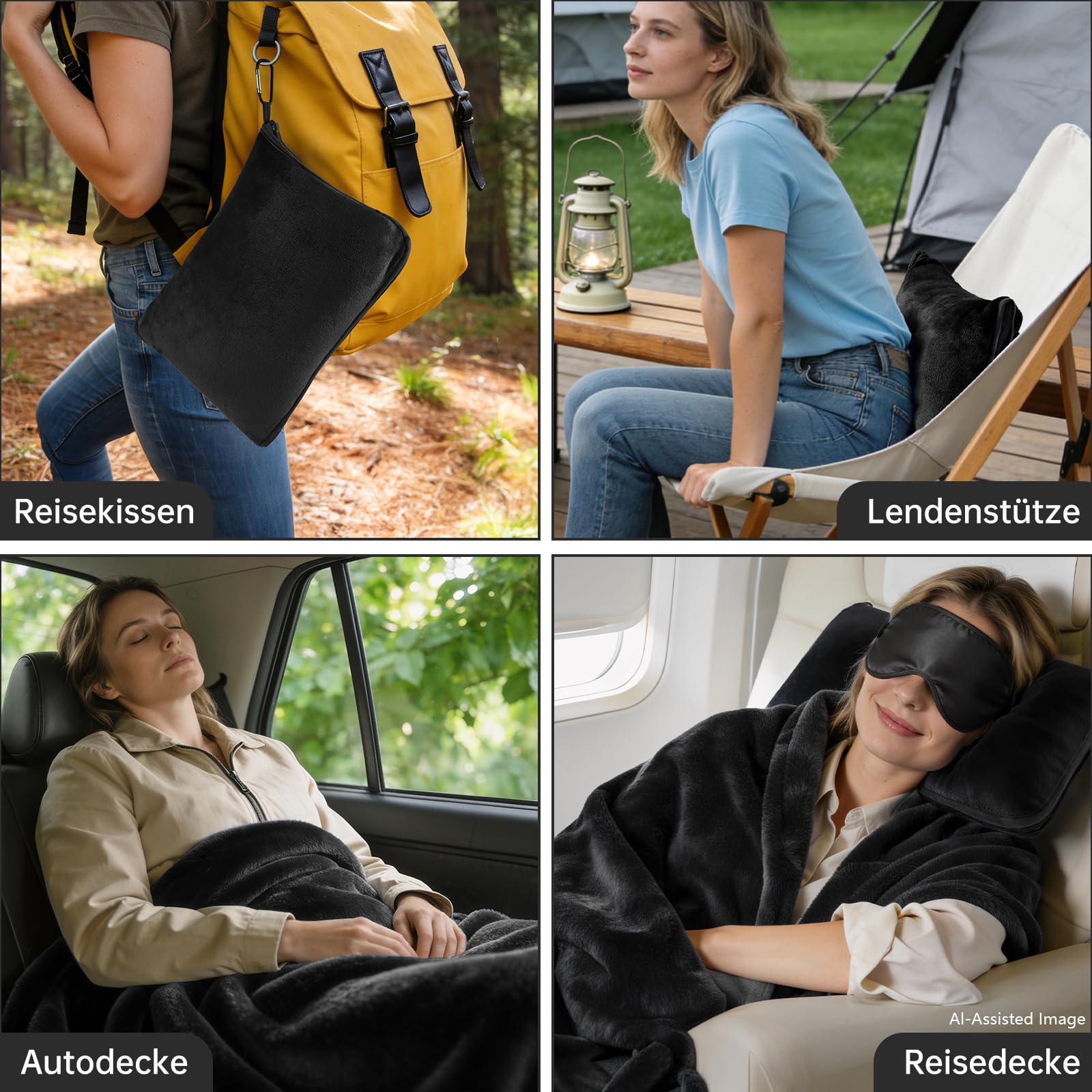 3 in 1 Reisedecke Ultraleicht und warm für Flugzeug und Auto - Tragbares aufblasbares Flugzeug Kissen mit Hülle, Gepäckhülle, Rucksackclip, Augenmaske und Ohrstöpseln(Schwarz)