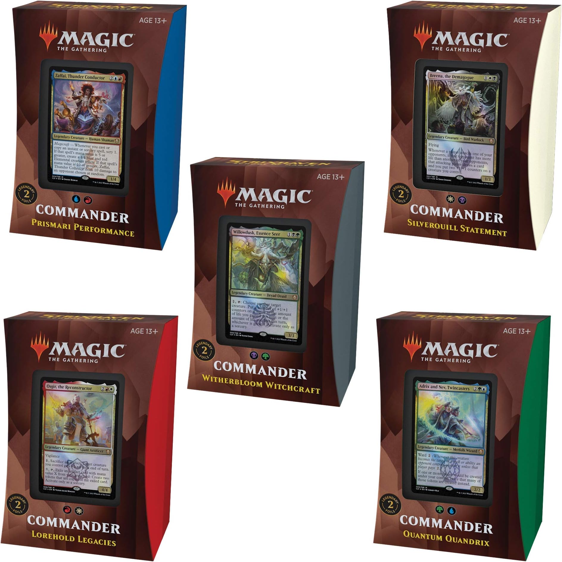 Magic: The Gathering Strixhaven Commander Deck Bundle – Includes 1 Silverquill Statement + 1 Prismari Performance + 1 Witherbloom Witchcraft + 1 Lorehold Legacies + 1 Quantum Quandrix