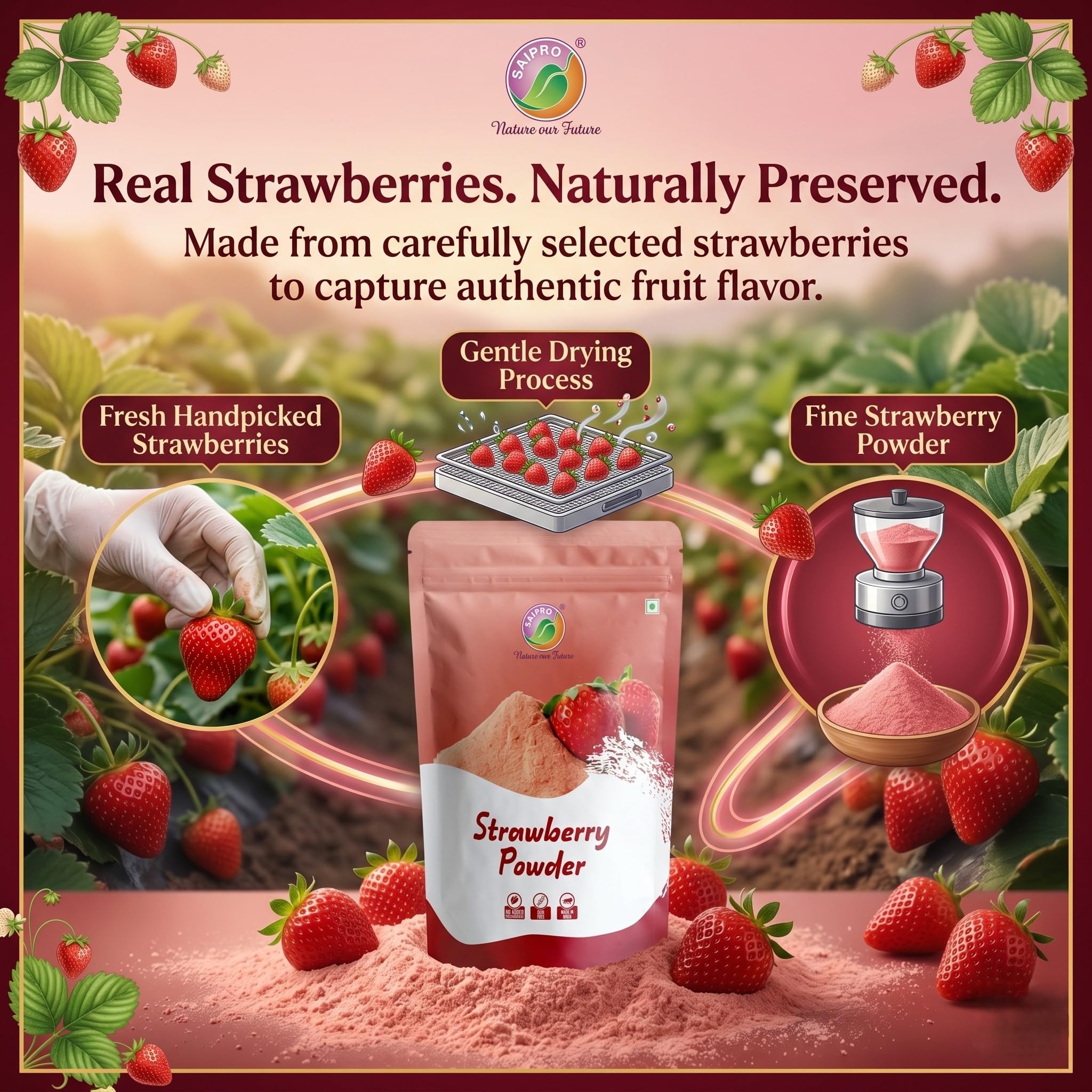 Saipro Strawberry Fruit Powder, 200 gm, Strawberry powder for Cake| Milkshakes|Natural flavour| for food| juice| Lemonade| Ingredient in beverages like lemonade, cooking, baking, cosmetics, all natural. No Artificial colour, No preservatives