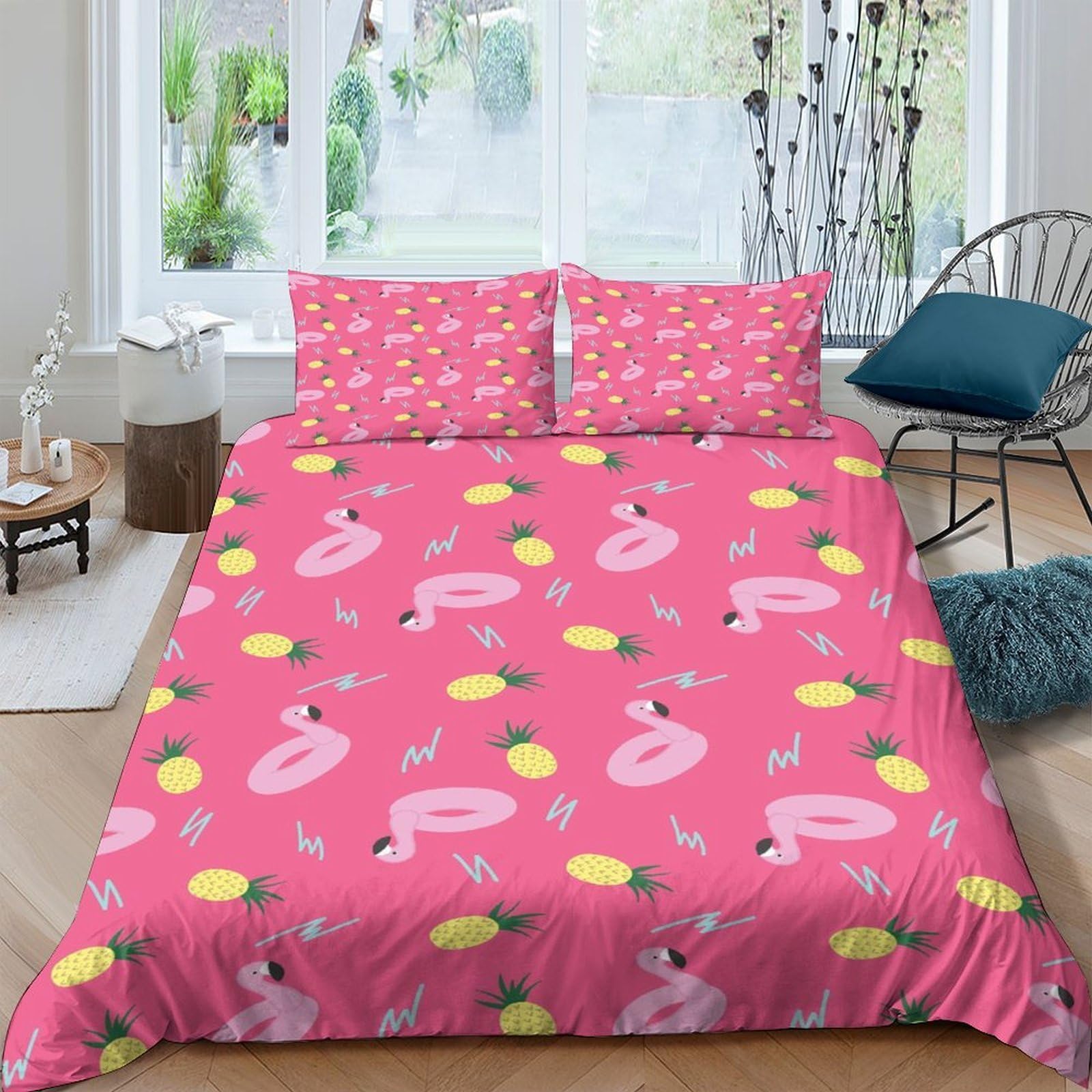 TUFRTGYHN 3D Printed Pink Flamingo Lemon Duvet Cover Microfiber Soft Breathable Fruit Bedding Set with 2 Pillowcases for Bedroom Decor Single（135x200cm）