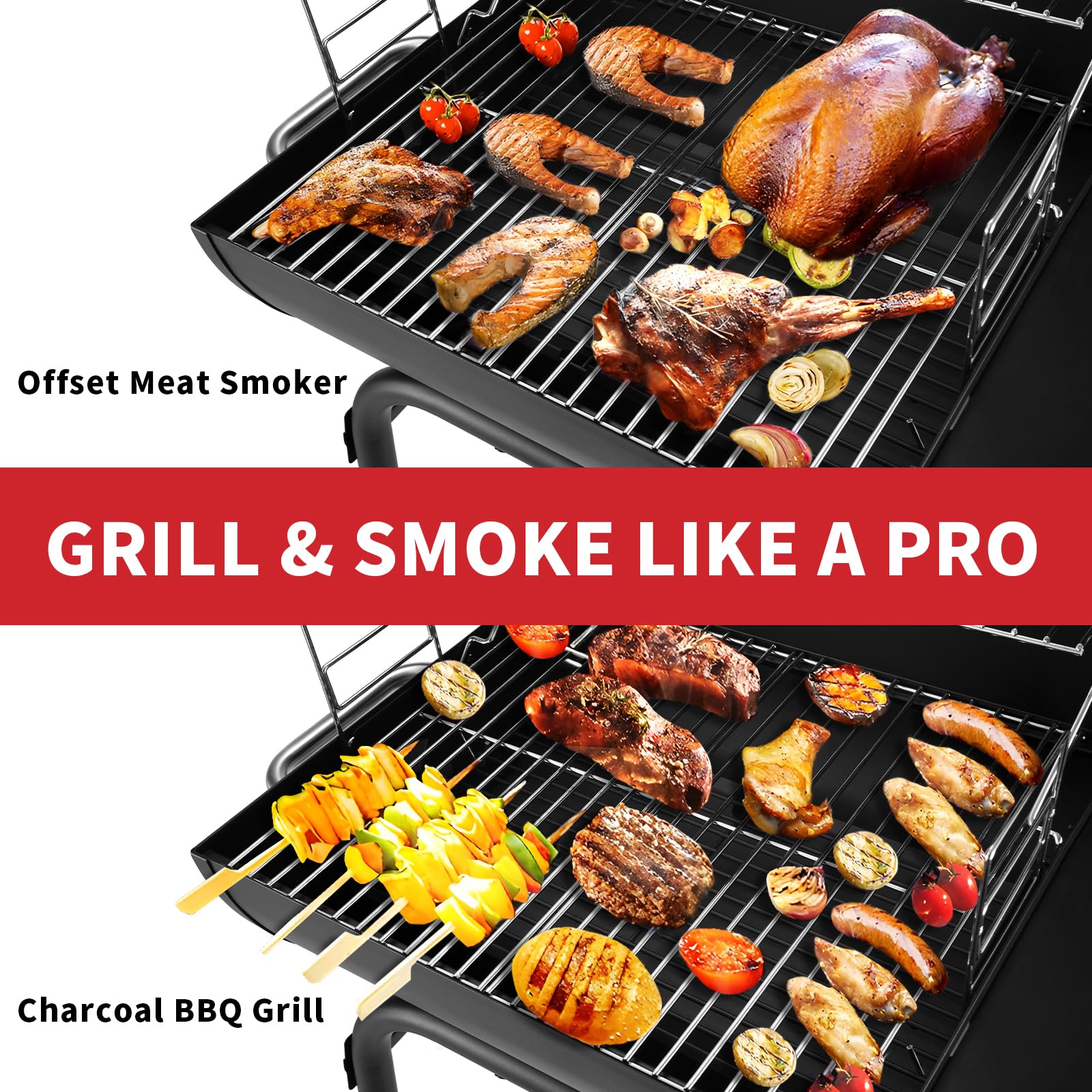 Holzkohlegrill - Holzkohle Grillwagen mit Deckel | Smoker Grill Griff, Grillrost und Thermometer, Holzkohlegrill groß, Holzkohles Kohlegrill BBQ Grill Gartengrill Holzkohle Schwarz