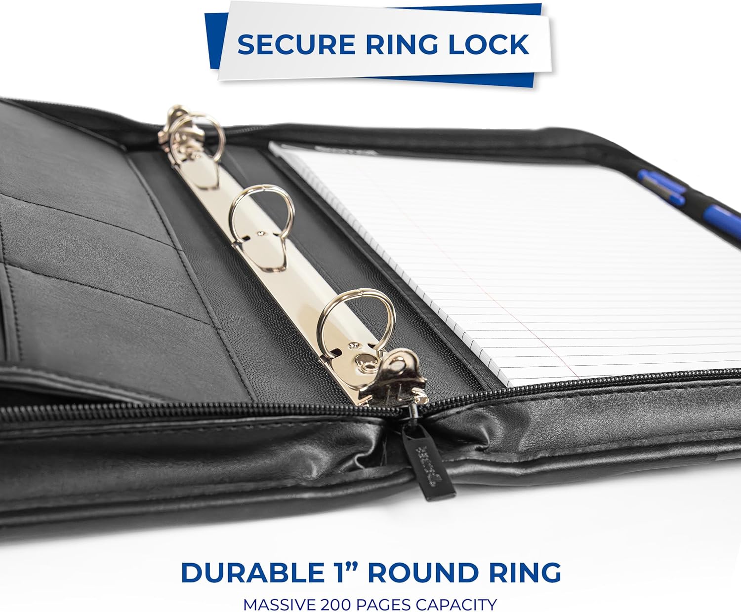 Samsill Professional 1-Inch Zipper Binder Padfolio with iPad Pocket, Interview Document Organizer, Includes Refillable 8.5 x 11 Inch Writing Pad and Pen Loop, Black