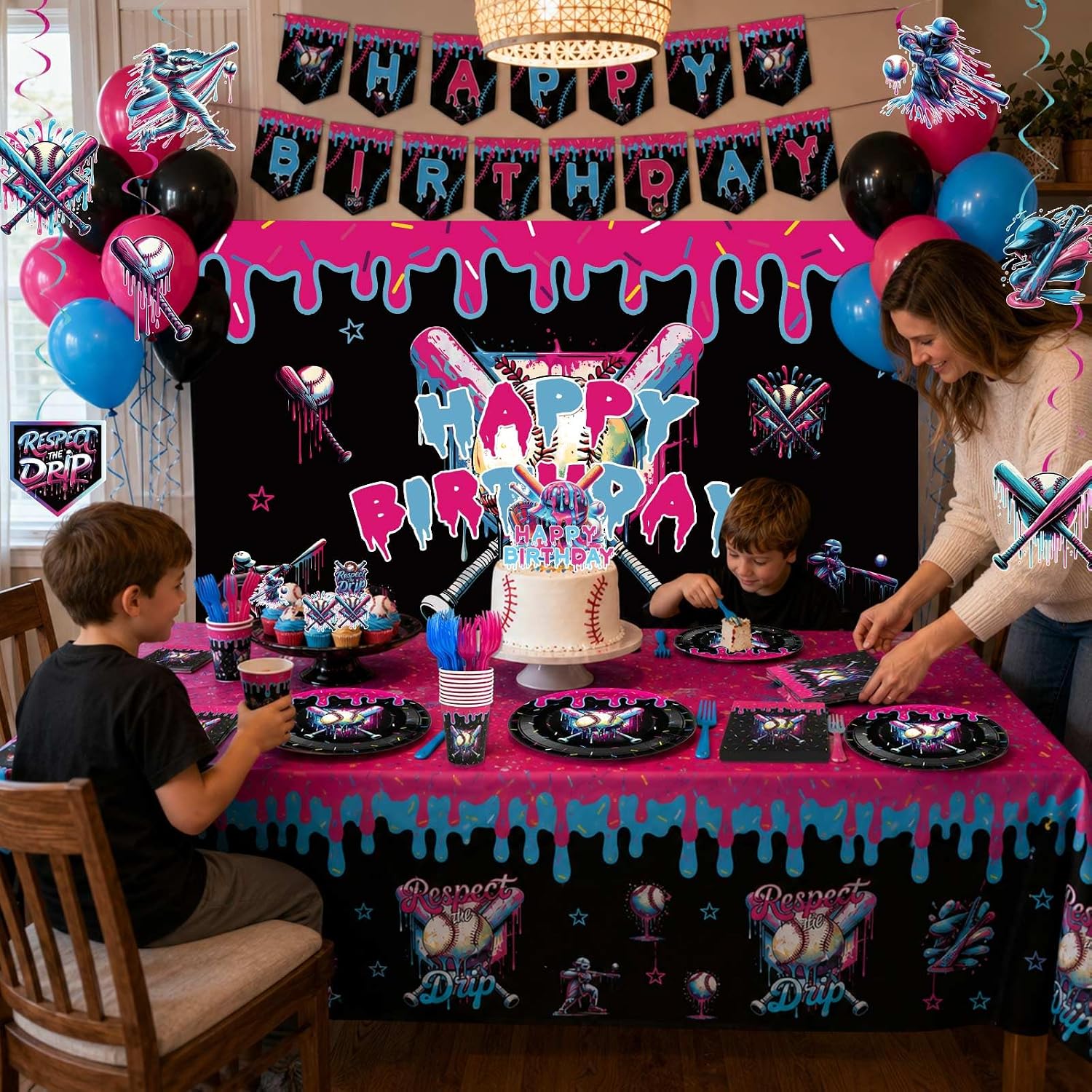Baseball Drip Birthday Party Decorations, One-stop Set for 25 Guests | Easy Setup, Include 350gsm Plates, Large-Size Tablecloth and Backdrop , Ice Cream Drip Party Supplies for Sport Team