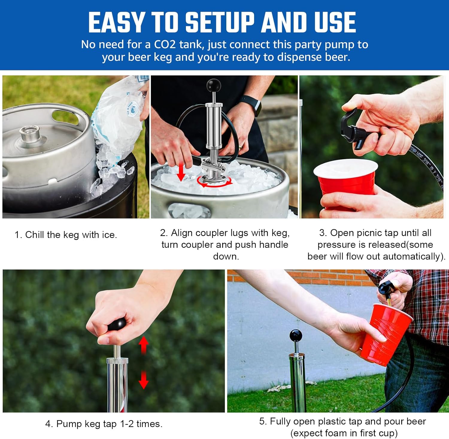 4" & 8" Keg Tap Kit - No Block/Leak, No CO2/Regulator, SS304 D-Coupler, 2ft Line, Chrome-Plated Brass Air Pump