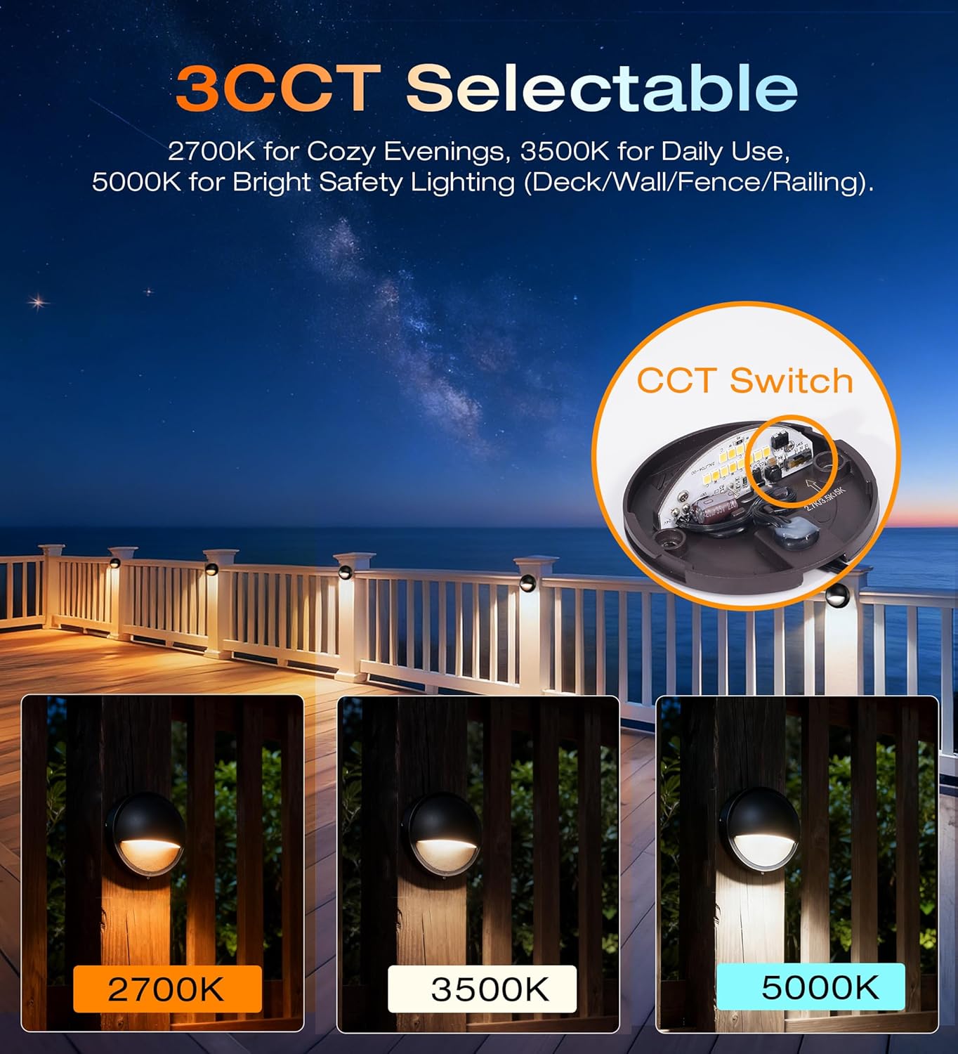 CLOUDY BAY [12 Pack] 3CCT Low Voltage LED Deck Lights Outdoor,2700K/3500K/5000K Selectable,Landscape Step Stair Railing Fence Light Wired,3W,12V-24V AC/DC Deck Lighting Fixtures