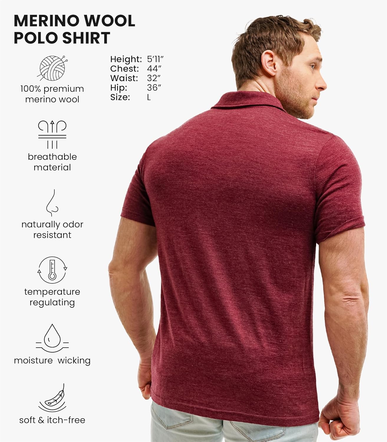 Merino.tech Merino Wool Polo Shirt Men - Anti-Odor 100% Merino Wool Shirts for Men Short Sleeve and Long Sleeve Breathable (Large, Burgundy Polo)