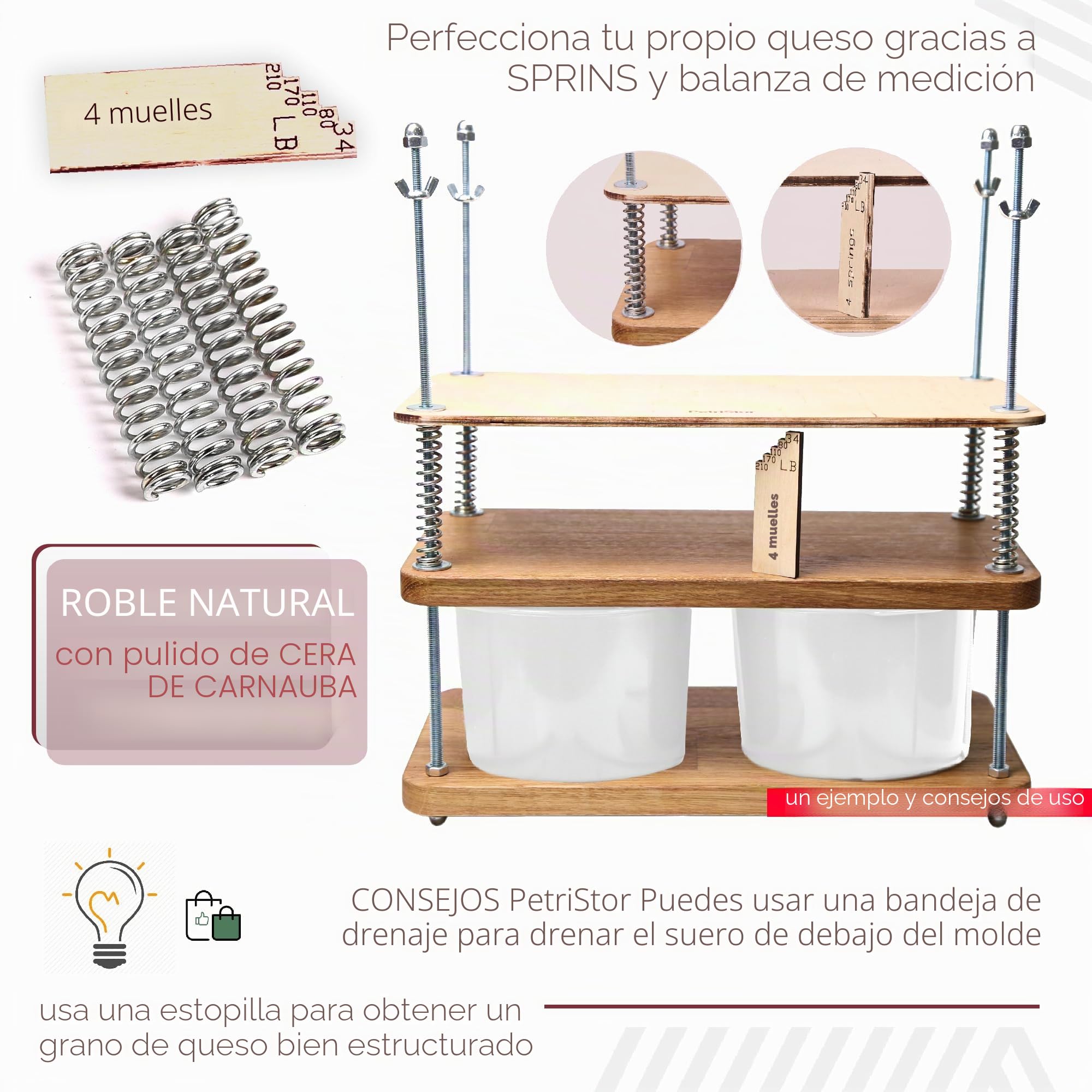 Prensa de queso para hacer queso de 40 cm, roble natural, 18 mm de grosor, kit de fabricación de queso con prensa de queso de madera y 2 moldes de queso de 1.8 L blanco