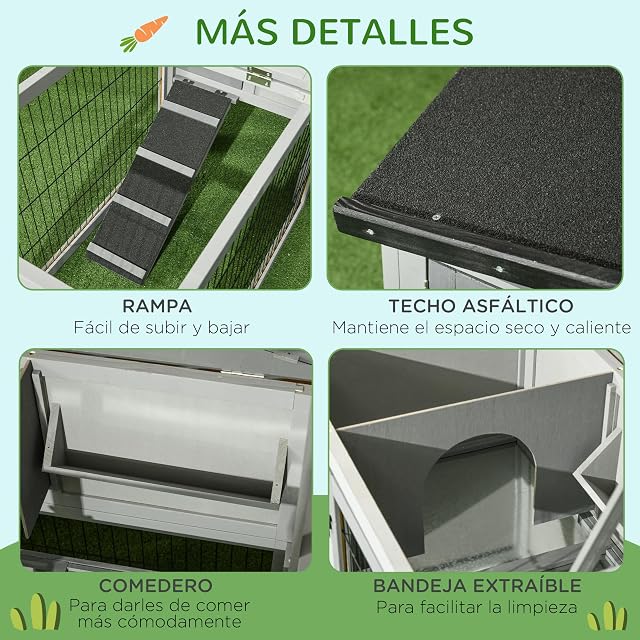 Foto 6 de 8 de PawHut Conejera Exterior de Madera 150x52x68 cm Jaula para 1-2 Conejos Gris