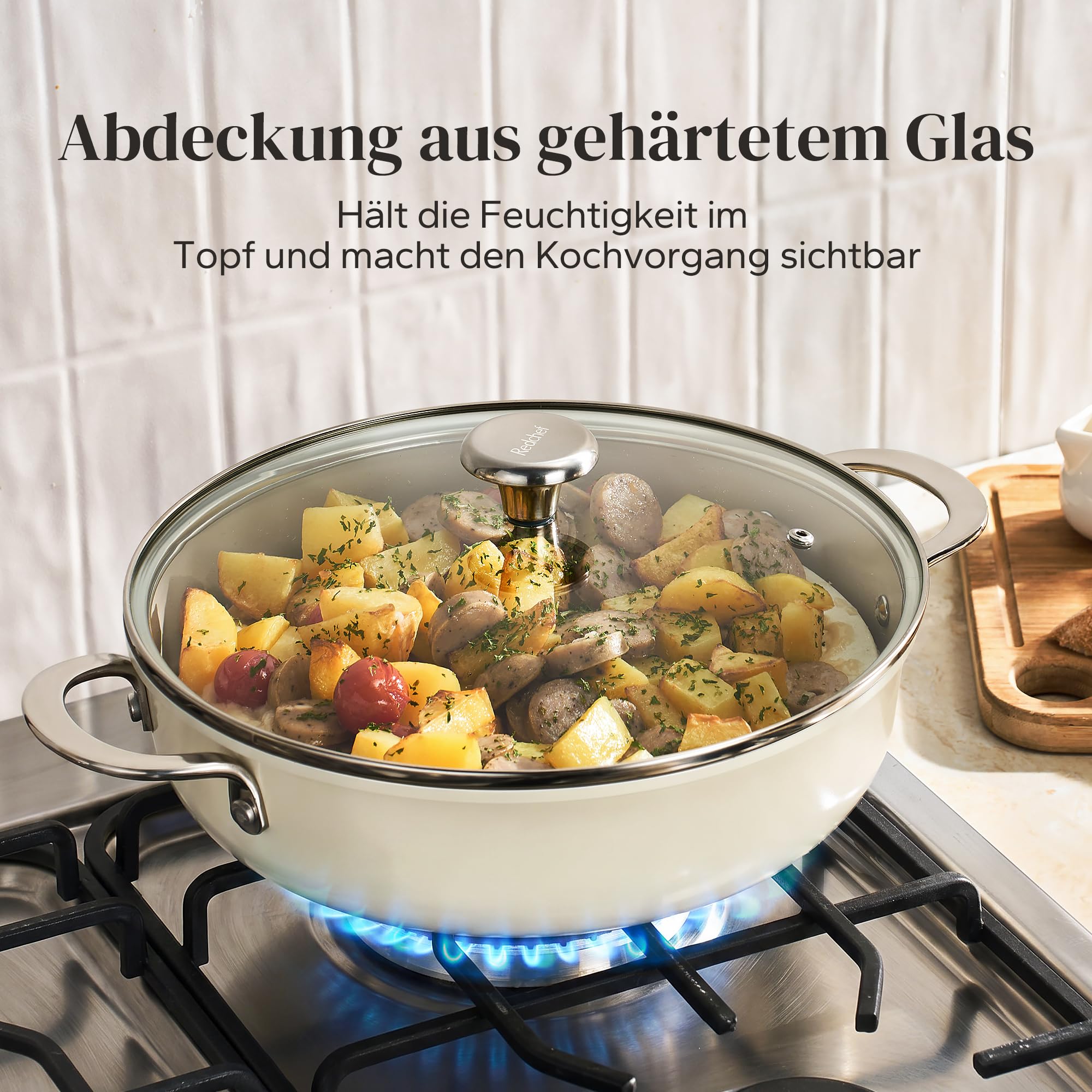 Redchef Padella per stufare, 28 cm, bordo alto, con coperchio, 3,85 l, antiaderente in ceramica, senza PFOA/PTFE/PFAS, manico in acciaio inox, lavabile in lavastoviglie, per cucinare arrosti, beige