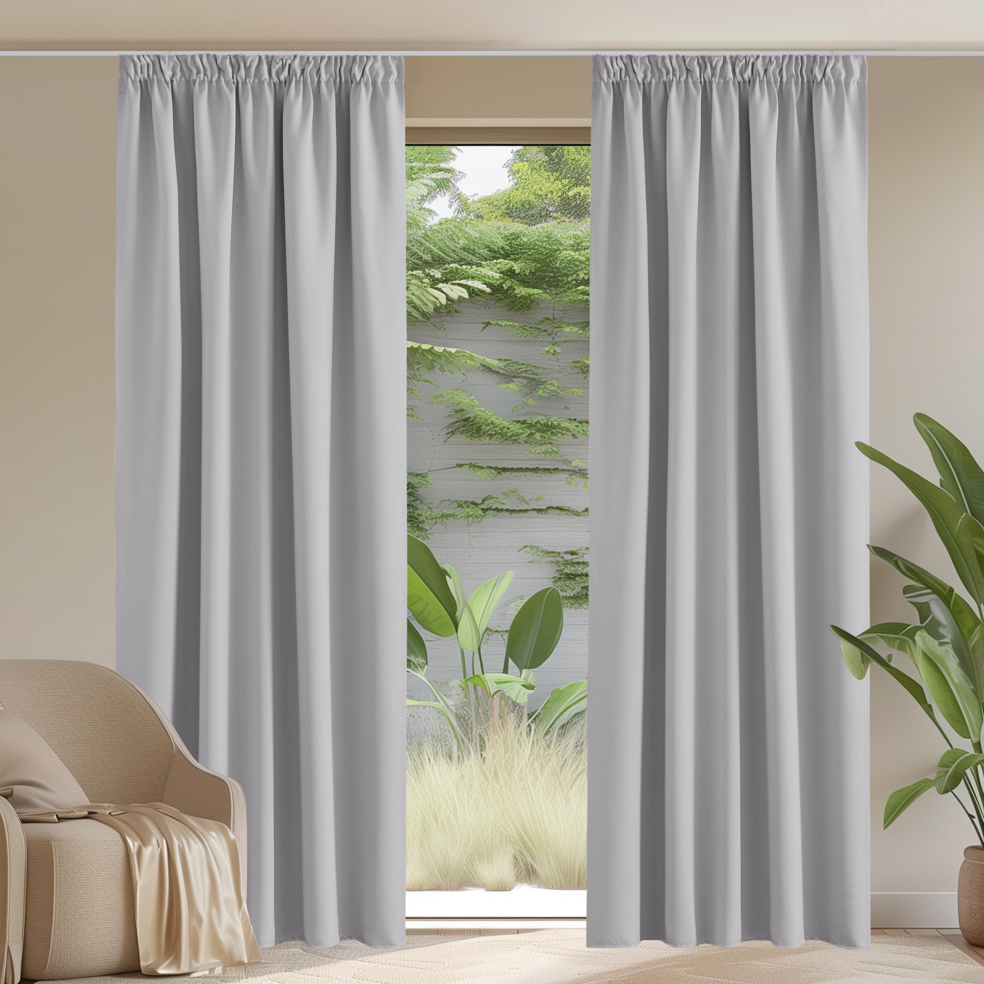PONY DANCE Tende Termiche Isolanti per Interni con Fettuccia 2 Pezzi 140x220 cm Curtains Decorazione Tenda Oscurante per Salotto e Camera da Letto, Grigio Chiaro