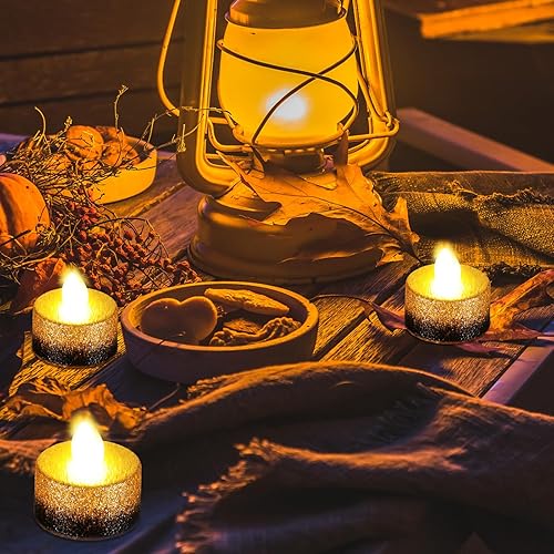 Miniatura 5 de Retisee 48 velas LED sin llama, velas falsas eléctricas con purpurina dorada y negra para centros de mesa, funciona con pilas, decoración romántica
