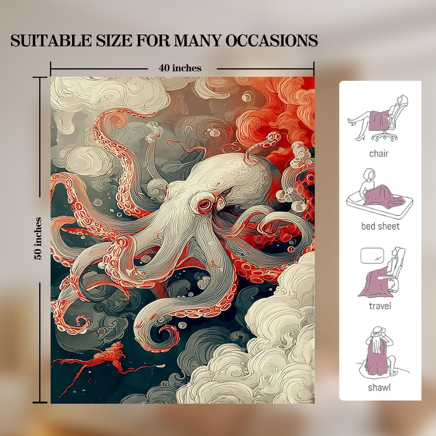 Octopus Blanket Octopus Throw Blanket Super Soft Plush Flannel Bedding Gifts for Boys Girls Men Women Lovers Adults Stuff for Sofa Bed Room Decor 40"X50" - Image 5