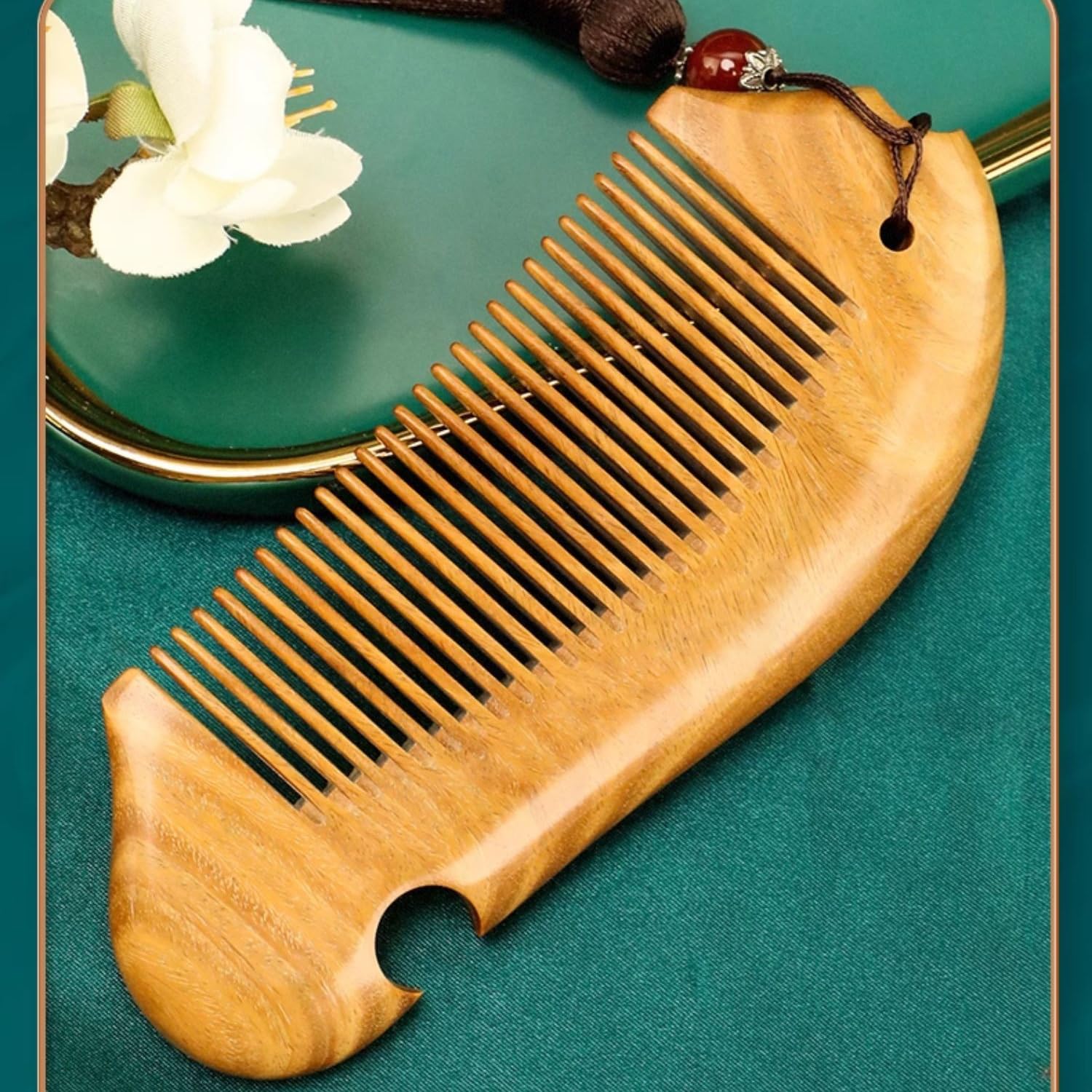 Peine portátil para el Cabello, Peine de Madera de sándalo Verde de Dientes Finos antiestático, peines de Madera Hechos a Mano para desenredar el Cabello (CA)