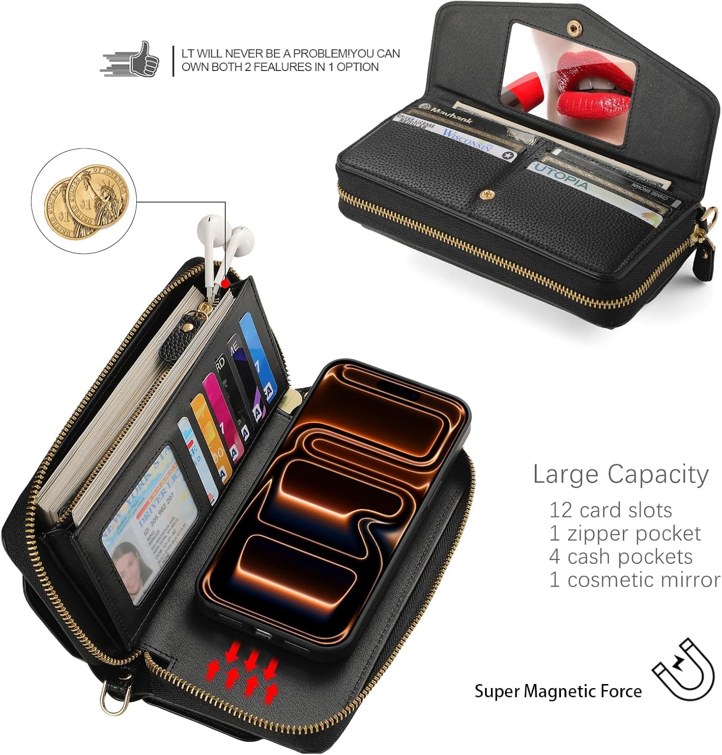 Crossbody Wallet Case for iPhone 17, PU Leather Zipper Handbag Phone Purse Magnetic... - Image 3