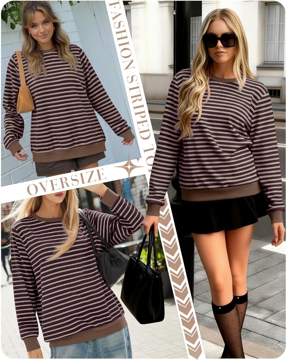 Women's Oversized Striped Sweatshirt Fleece Long Sleeve Color Block Crew Neck Shirt Loose Soft Casual Pullover Top - Image 2
