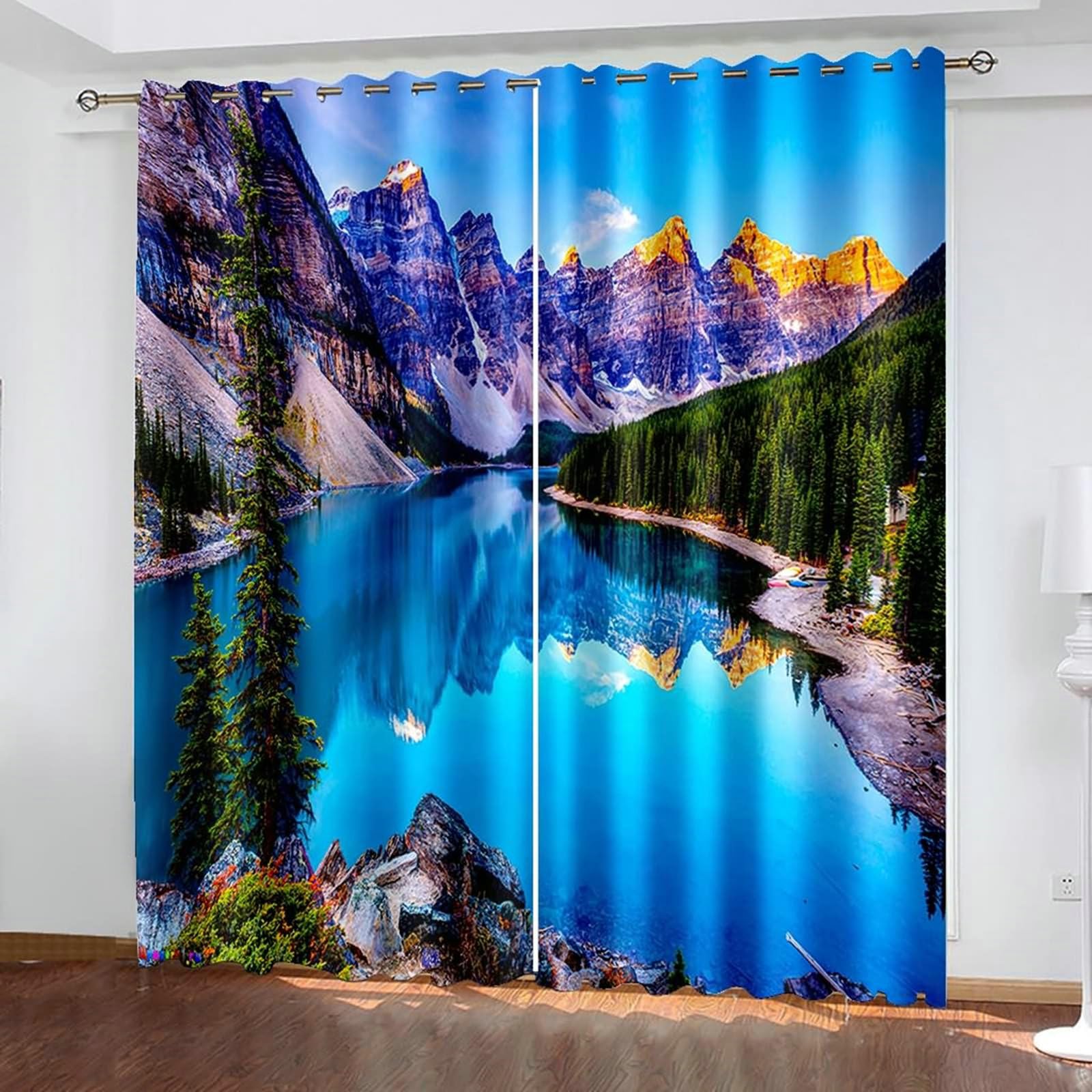 Gualiy Thermo Vorhänge 2er Set Ösen, Vorhänge Blickdicht 86x138 Berge See und Wald Vorhang Schlafzimmer Verdunkelung