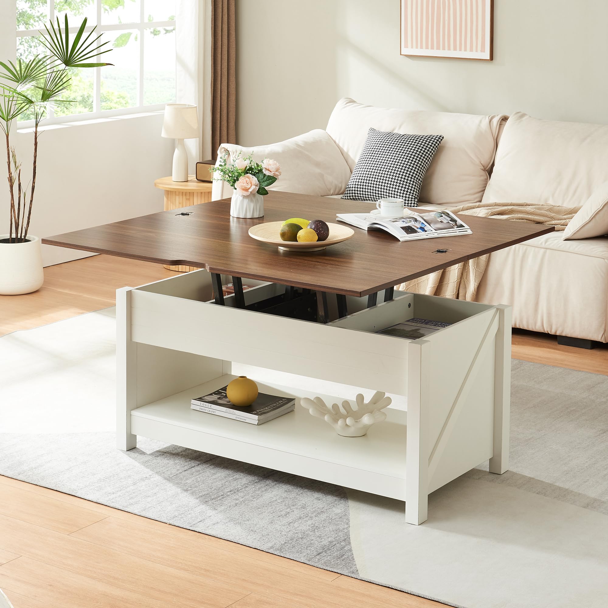 [en.casa] Table Basse de Salon avec Plateau Relevable Compartiment de Rangement Étagères Piètement Stable Panneau de Particules 110 x 55 x 54 cm Effet Noyer Blanc